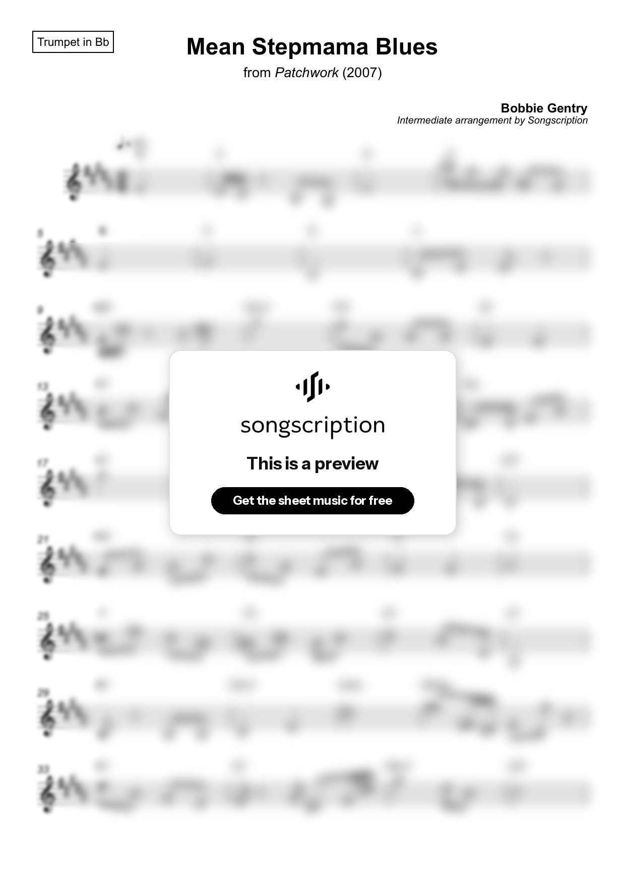 Intermediate Trumpet Sheet Music for "Mean Stepmama Blues" by Bobbie Gentry