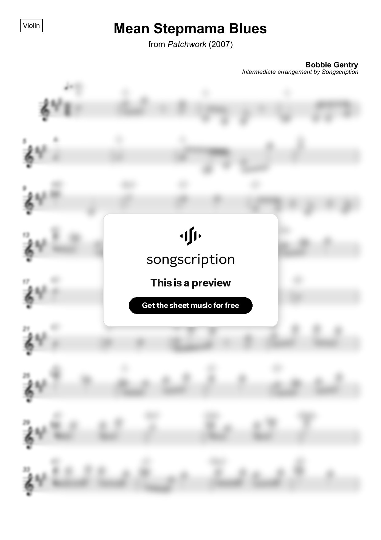 Intermediate Violin Sheet Music for "Mean Stepmama Blues" by Bobbie Gentry