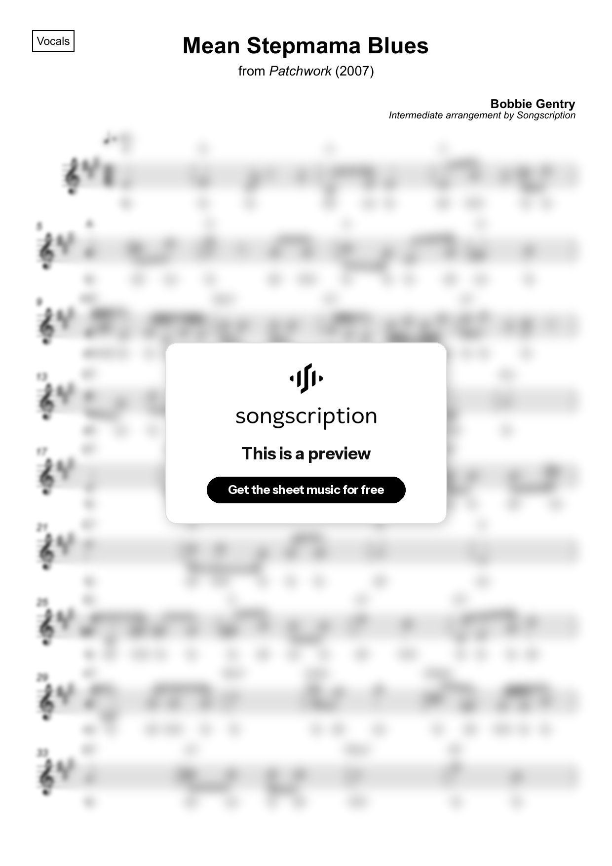 Intermediate Vocals Sheet Music for "Mean Stepmama Blues" by Bobbie Gentry