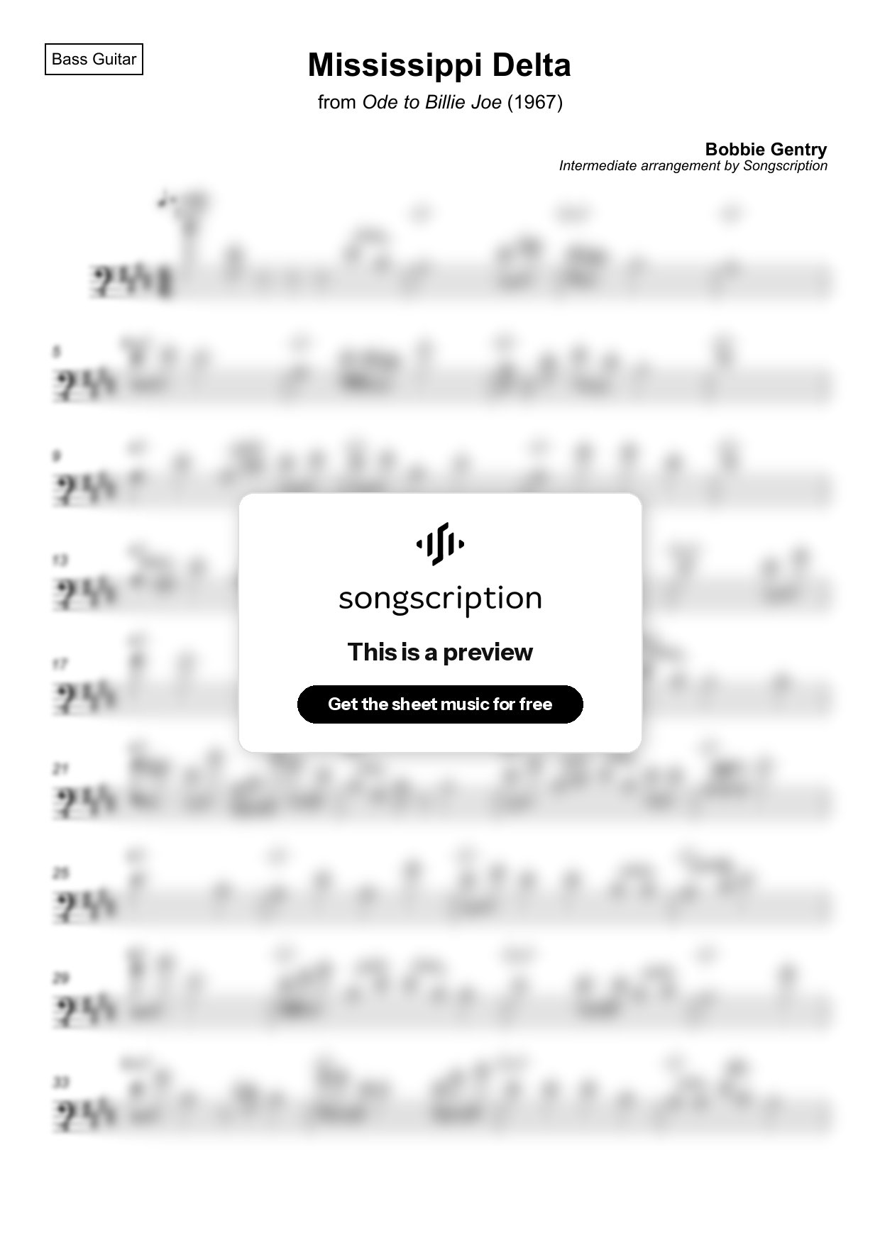 Intermediate Bass Guitar Sheet Music for "Mississippi Delta" by Bobbie Gentry