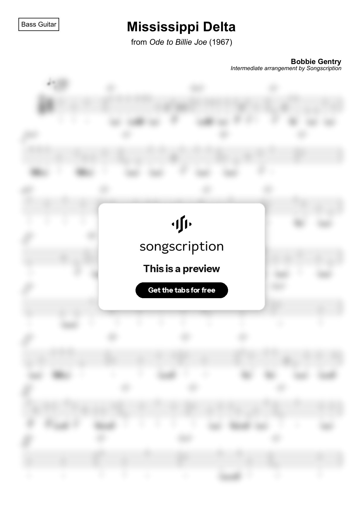 Intermediate Bass Guitar Tabs for "Mississippi Delta" by Bobbie Gentry