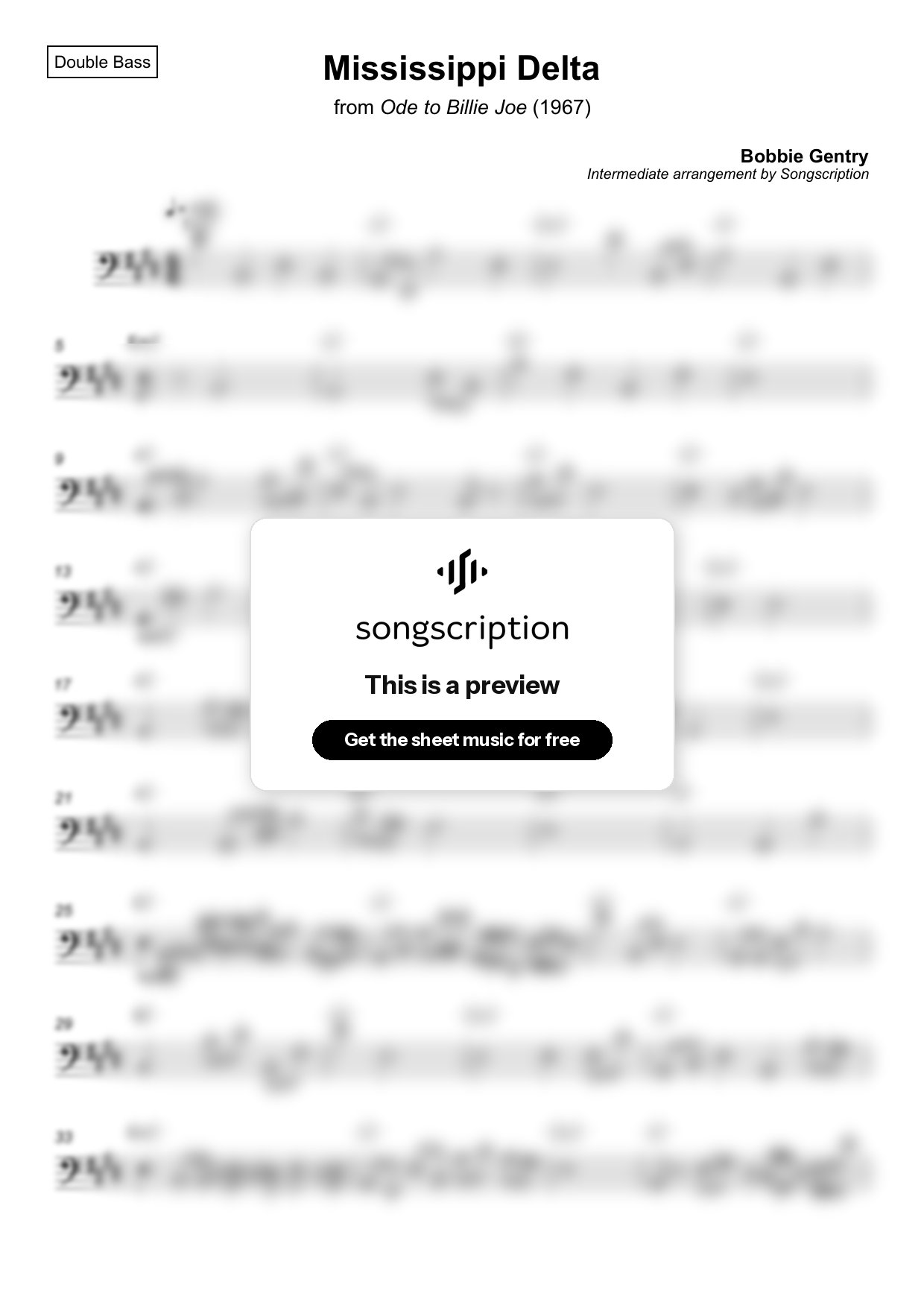 Intermediate Double Bass Sheet Music for "Mississippi Delta" by Bobbie Gentry