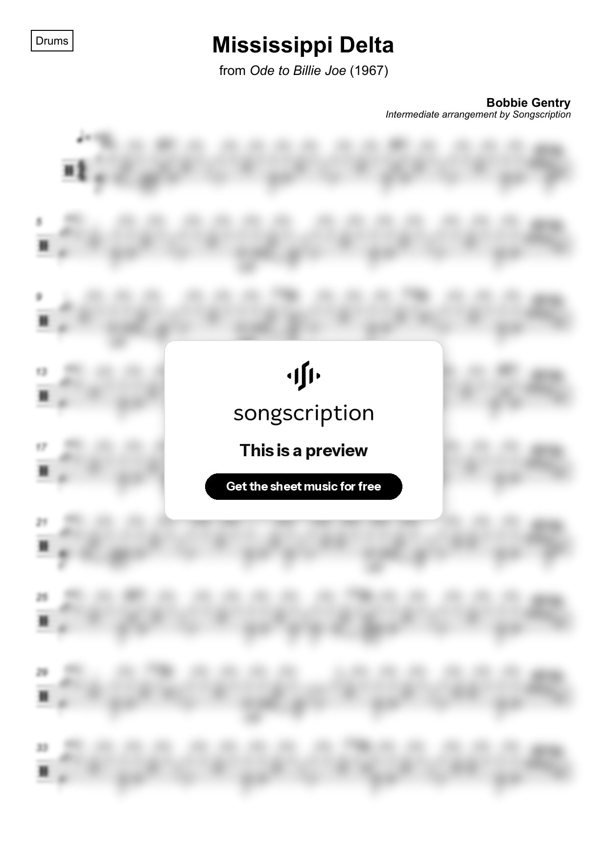 Intermediate Drums Sheet Music for "Mississippi Delta" by Bobbie Gentry