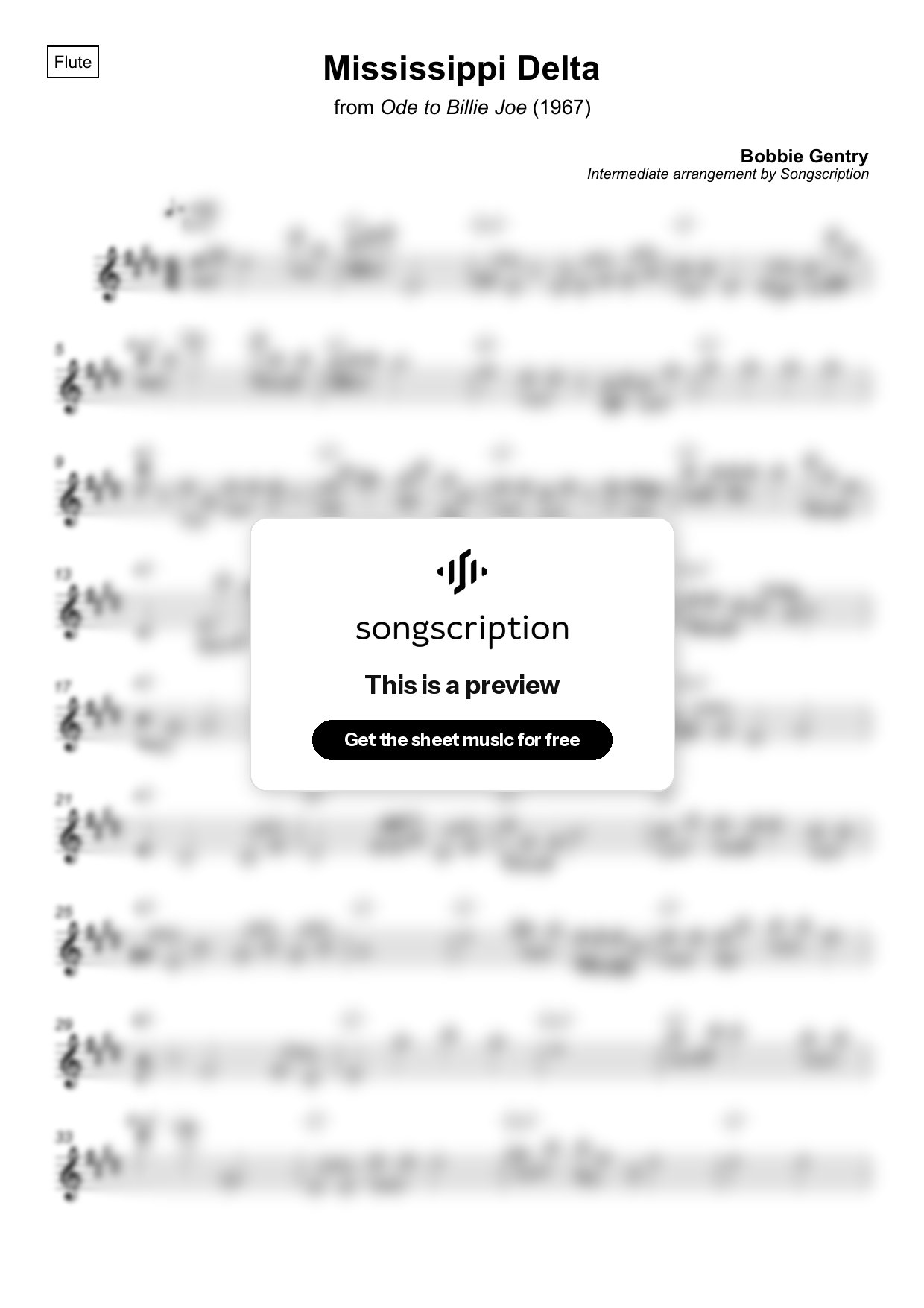 Intermediate Flute Sheet Music for "Mississippi Delta" by Bobbie Gentry