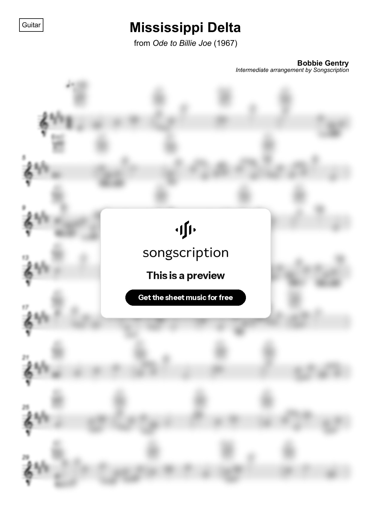 Intermediate Acoustic Guitar Sheet Music for "Mississippi Delta" by Bobbie Gentry