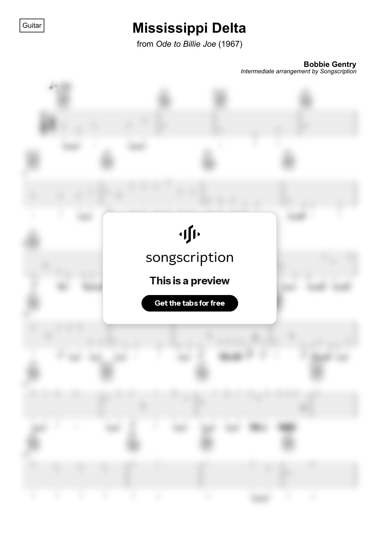 Intermediate Acoustic Guitar Tabs for "Mississippi Delta" by Bobbie Gentry