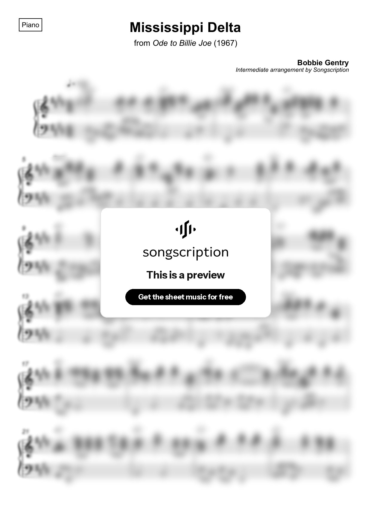 Intermediate Piano Sheet Music for "Mississippi Delta" by Bobbie Gentry