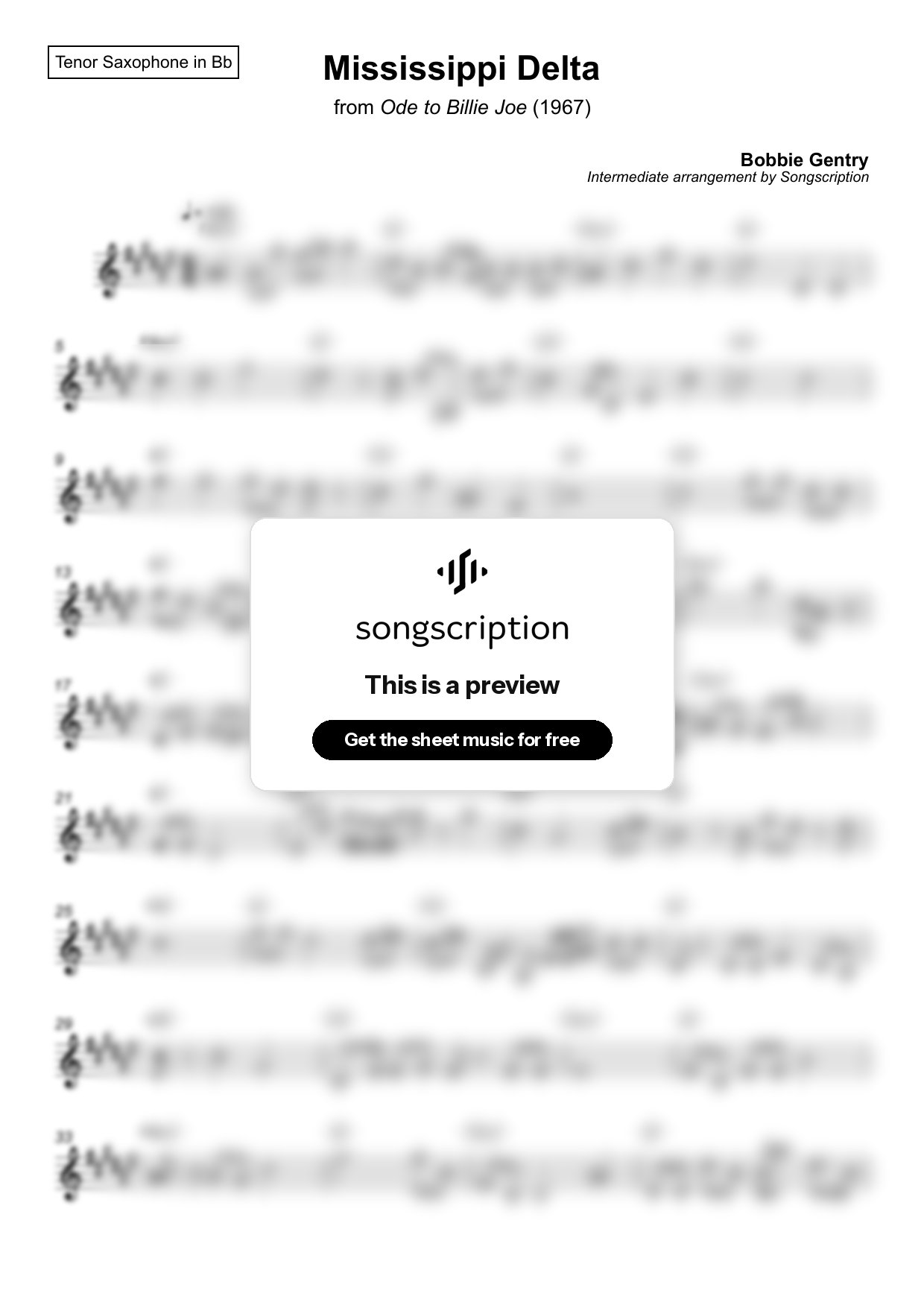 Intermediate Tenor Sax Sheet Music for "Mississippi Delta" by Bobbie Gentry