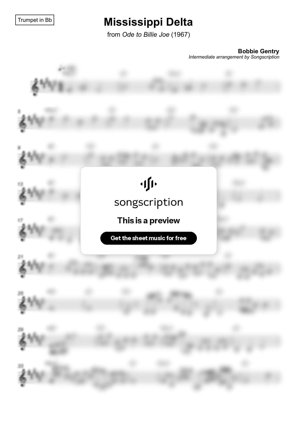 Intermediate Trumpet Sheet Music for "Mississippi Delta" by Bobbie Gentry