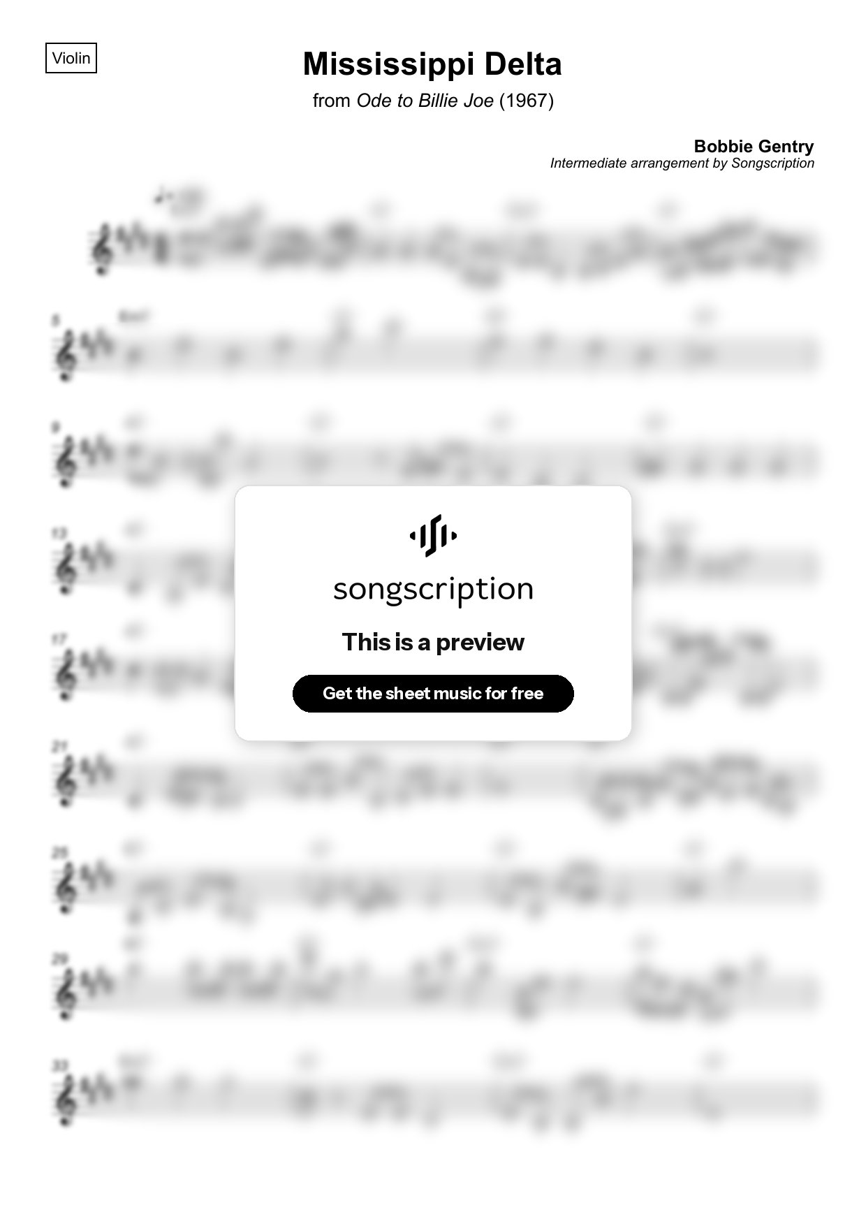 Intermediate Violin Sheet Music for "Mississippi Delta" by Bobbie Gentry