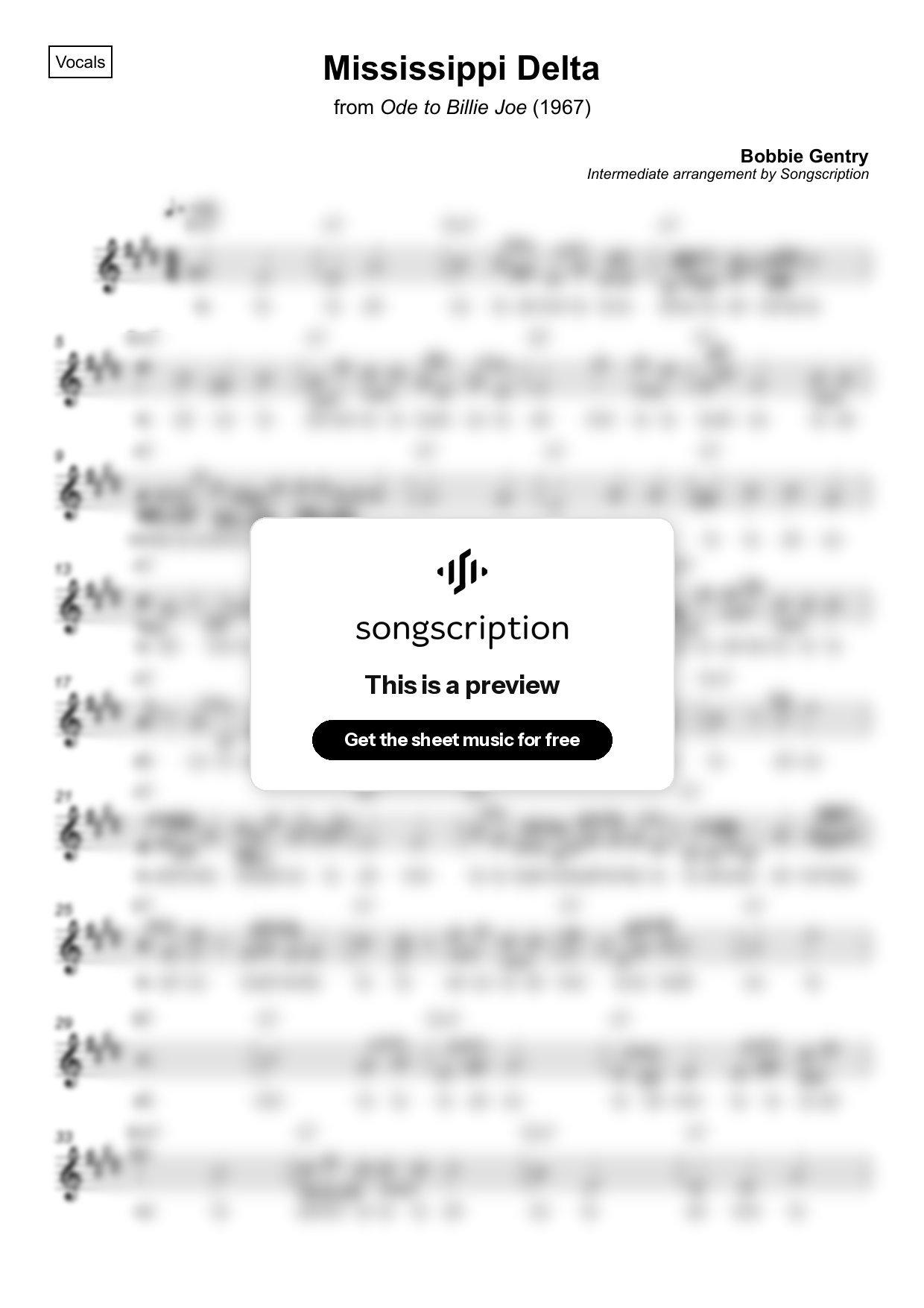 Intermediate Vocals Sheet Music for "Mississippi Delta" by Bobbie Gentry