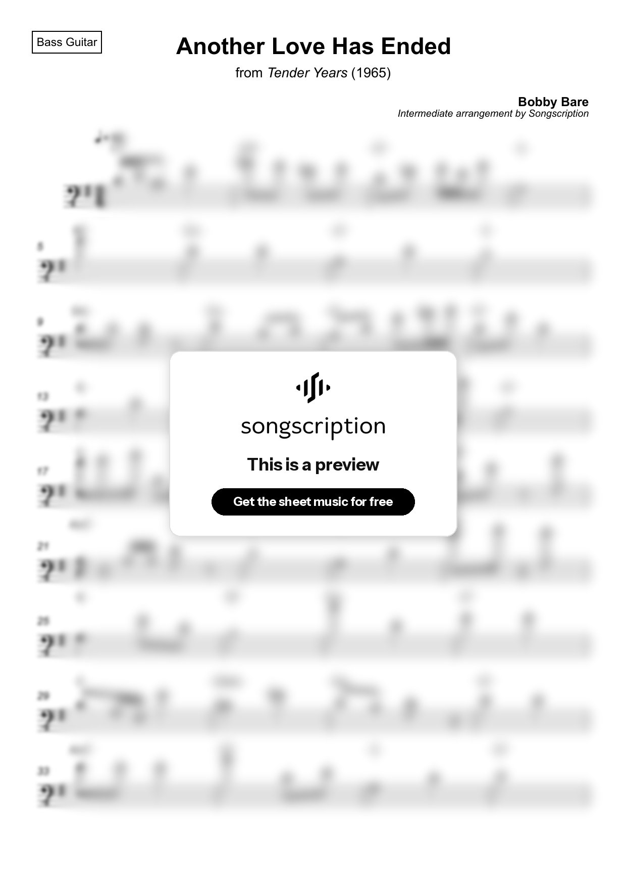 Intermediate Bass Guitar Sheet Music for "Another Love Has Ended" by Bobby Bare