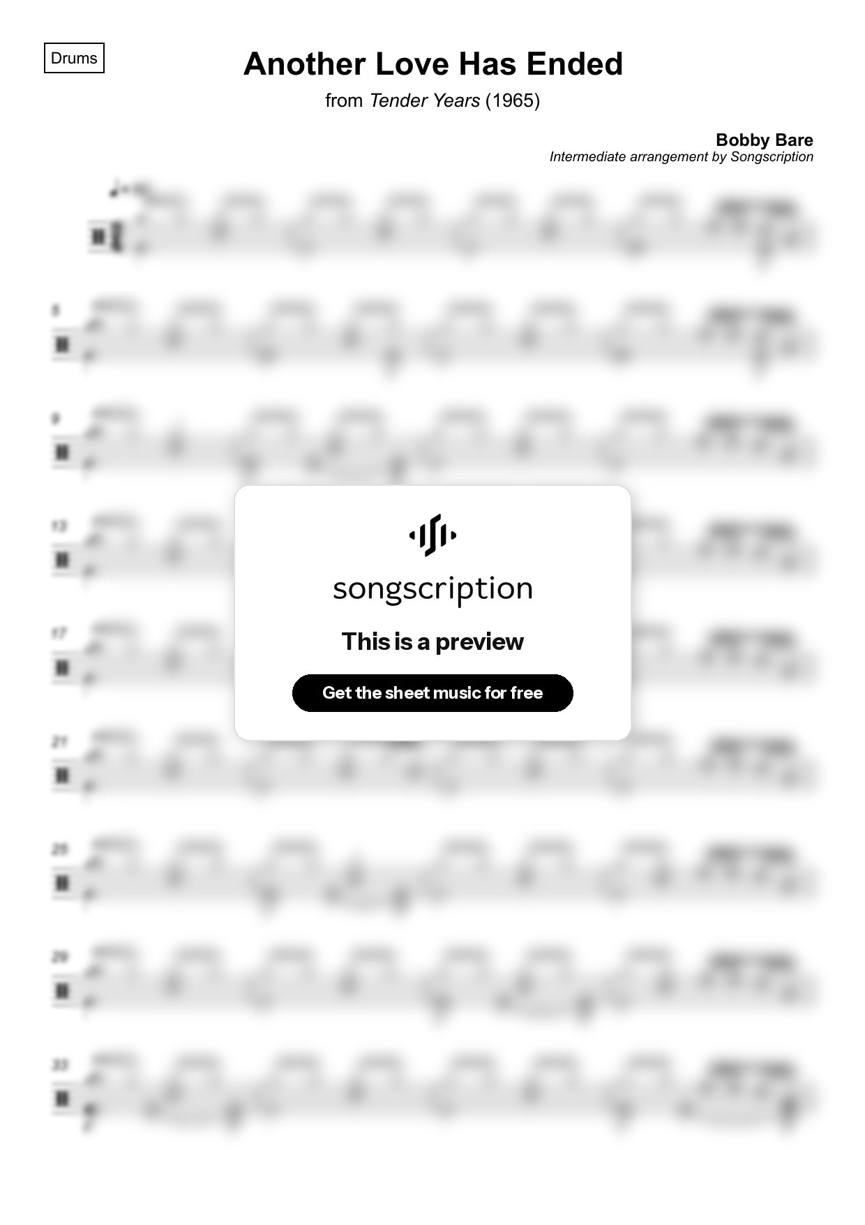 Intermediate Drums Sheet Music for "Another Love Has Ended" by Bobby Bare