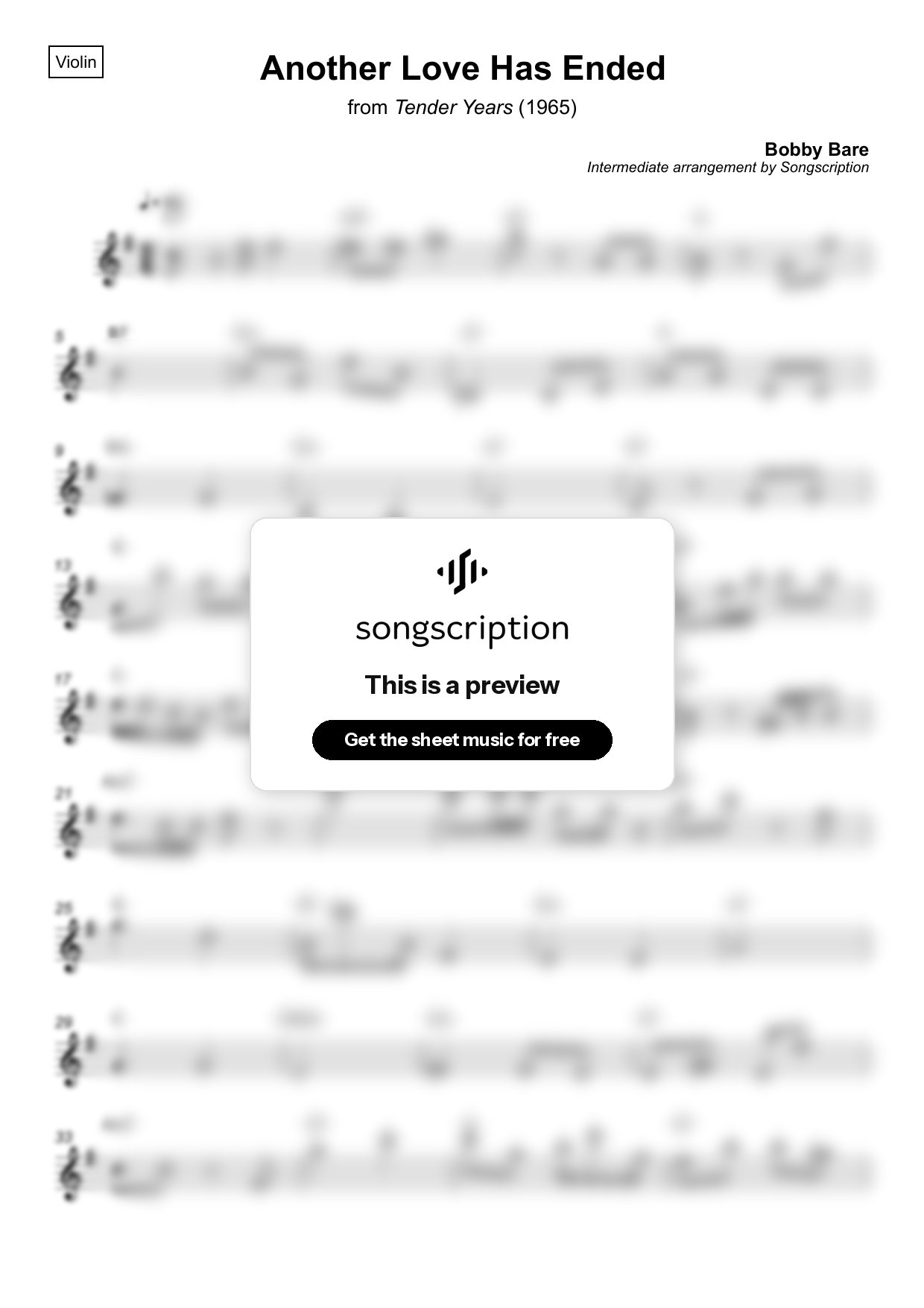 Intermediate Violin Sheet Music for "Another Love Has Ended" by Bobby Bare