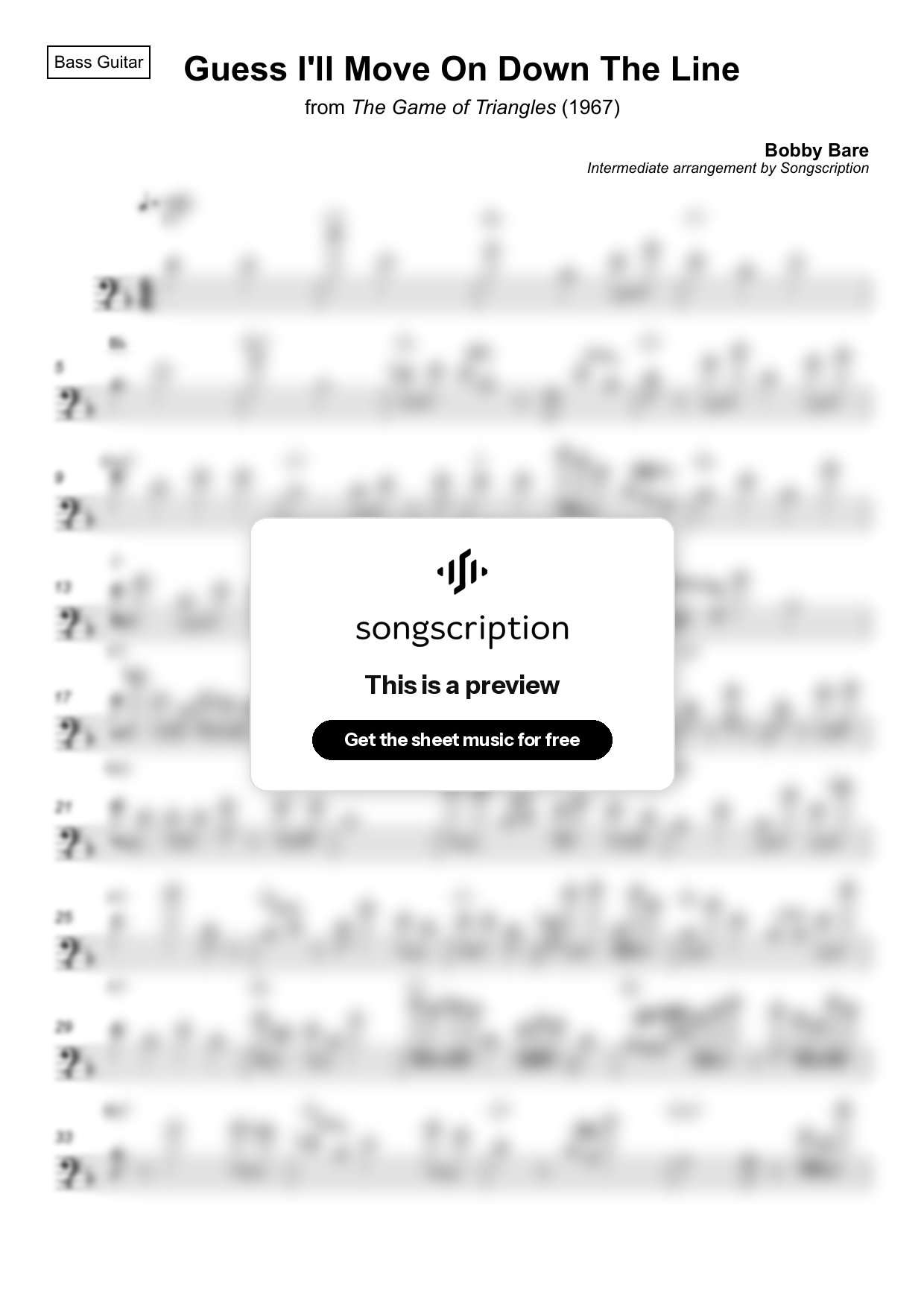 Intermediate Bass Guitar Sheet Music for "Guess I'll Move On Down The Line" by Bobby Bare