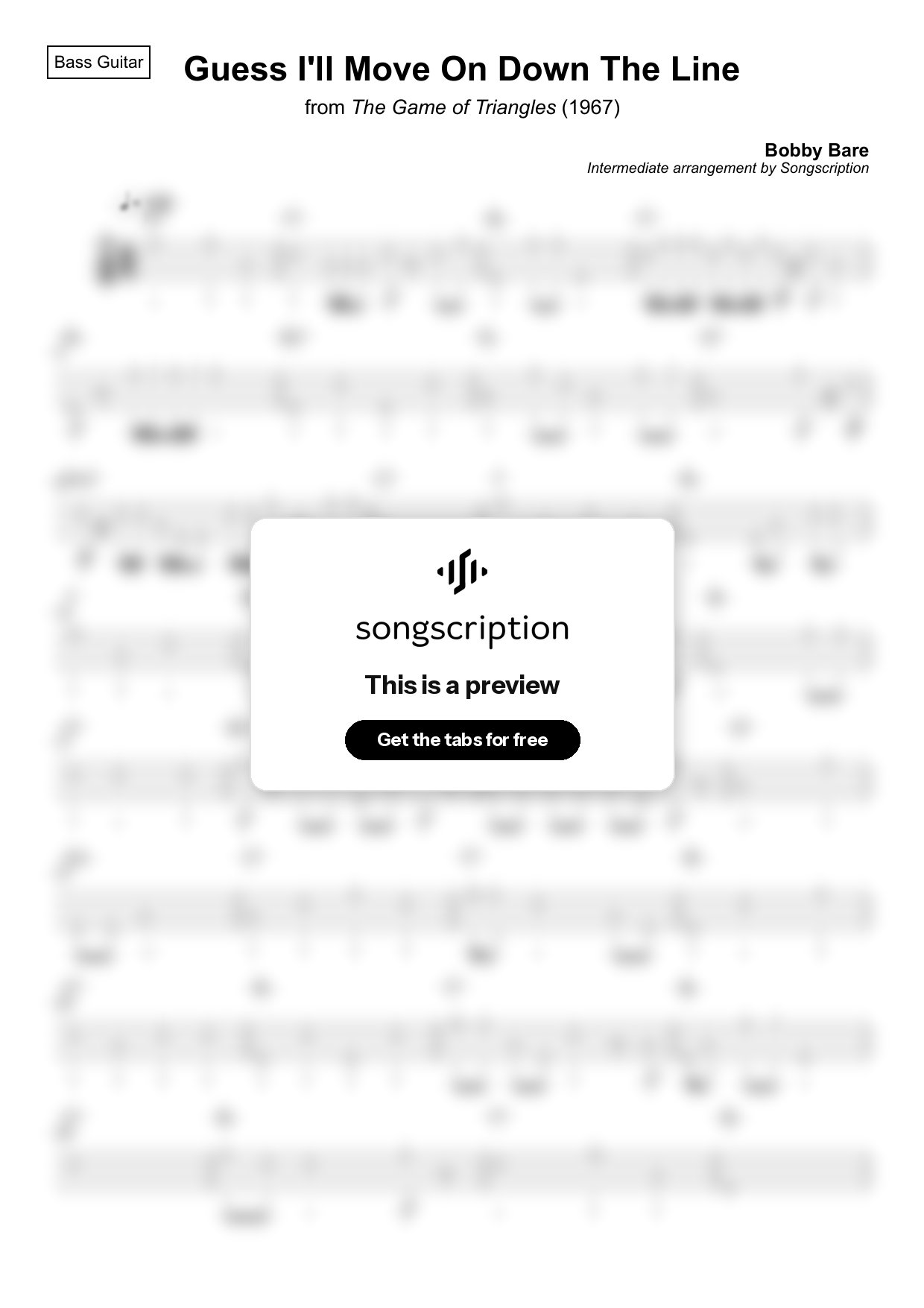Intermediate Bass Guitar Tabs for "Guess I'll Move On Down The Line" by Bobby Bare