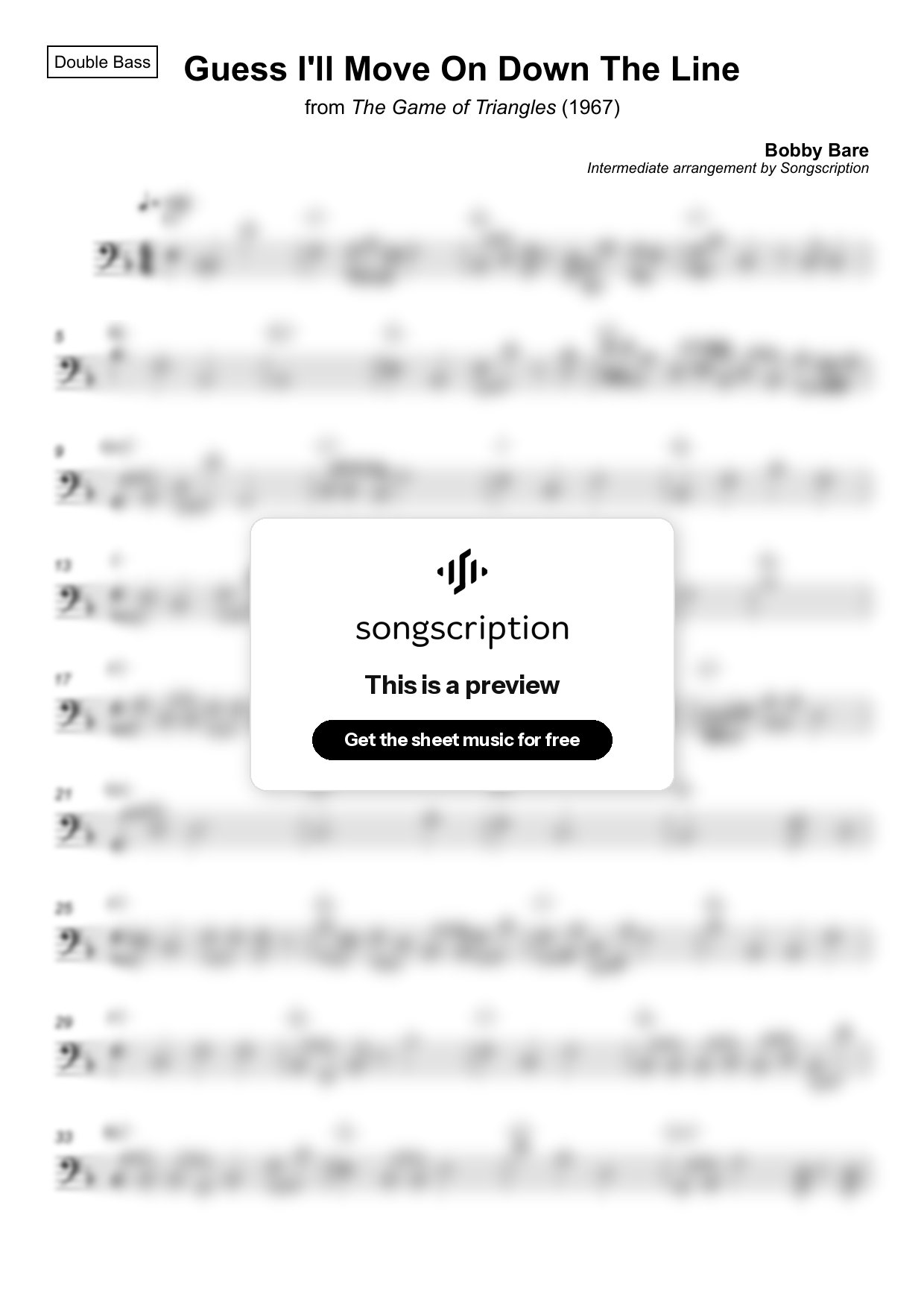 Intermediate Double Bass Sheet Music for "Guess I'll Move On Down The Line" by Bobby Bare