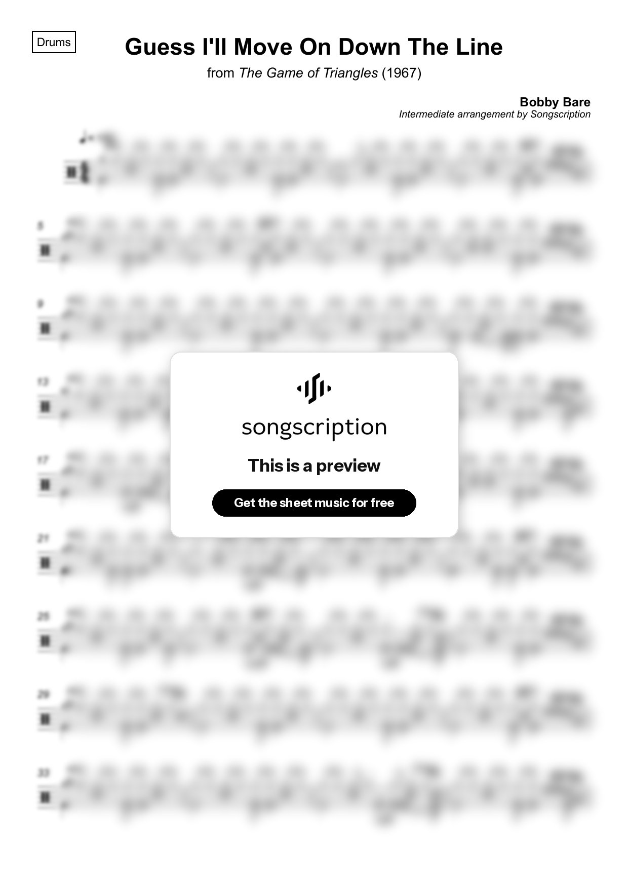 Intermediate Drums Sheet Music for "Guess I'll Move On Down The Line" by Bobby Bare