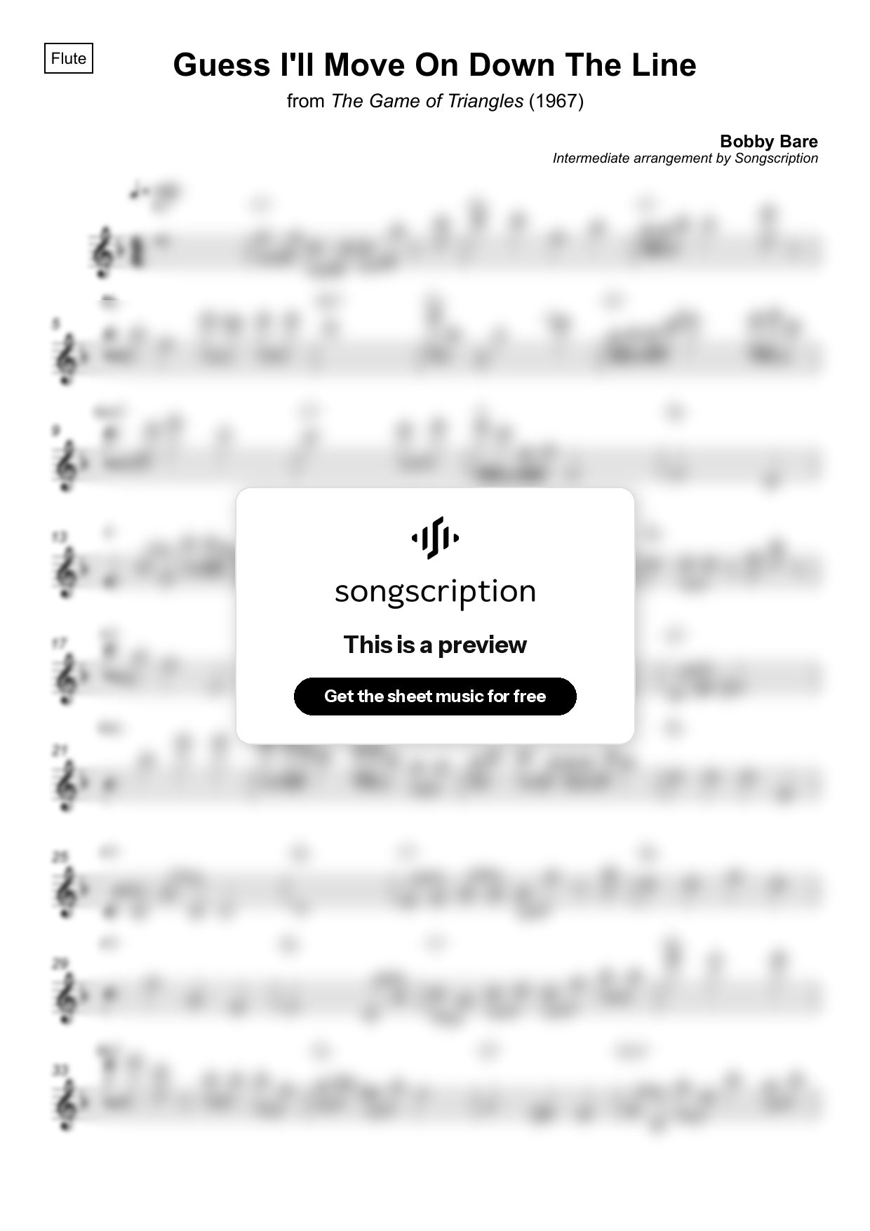 Intermediate Flute Sheet Music for "Guess I'll Move On Down The Line" by Bobby Bare