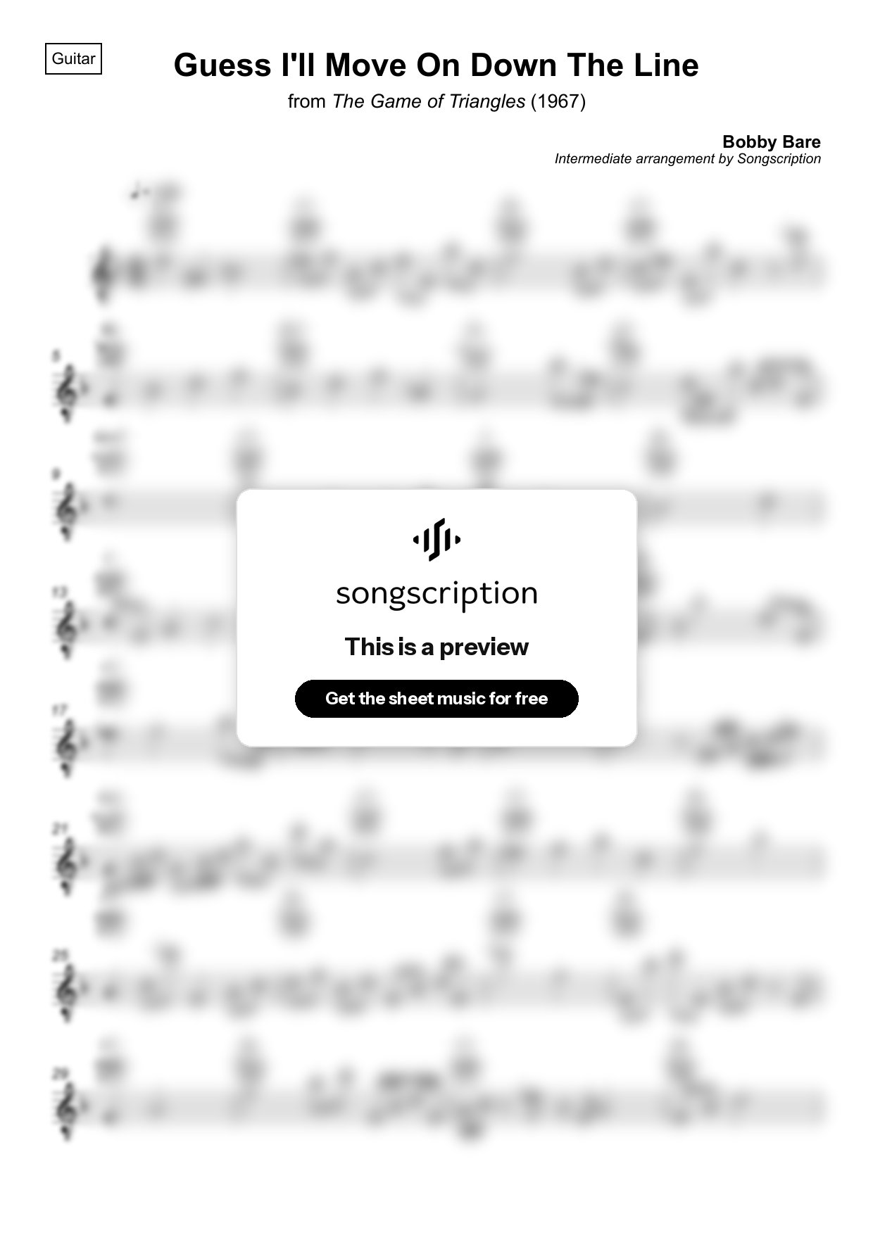 Intermediate Acoustic Guitar Sheet Music for "Guess I'll Move On Down The Line" by Bobby Bare