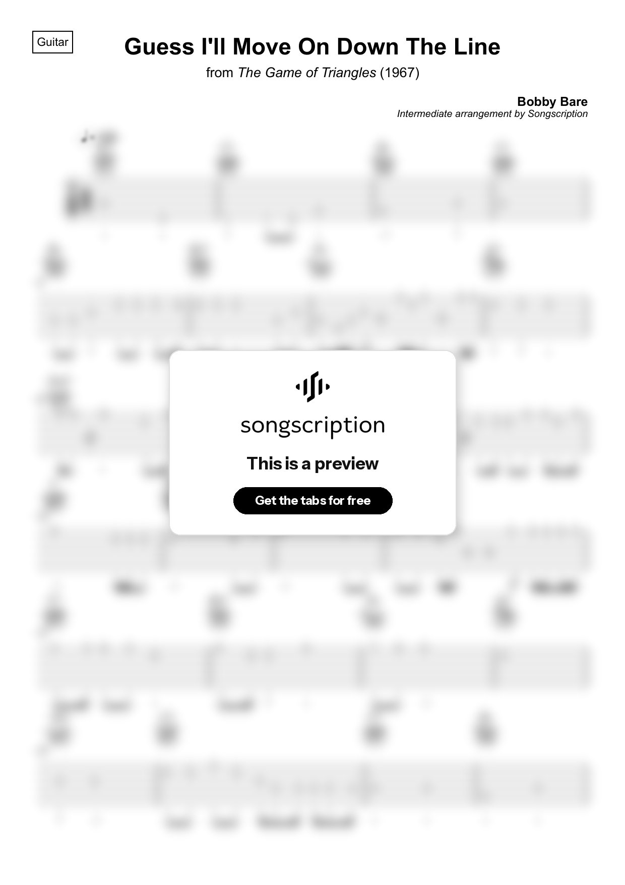 Intermediate Acoustic Guitar Tabs for "Guess I'll Move On Down The Line" by Bobby Bare