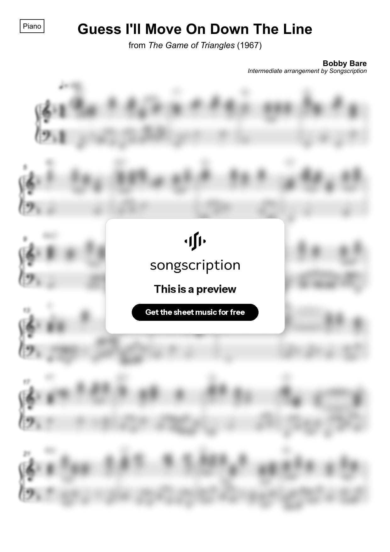 Intermediate Piano Sheet Music for "Guess I'll Move On Down The Line" by Bobby Bare