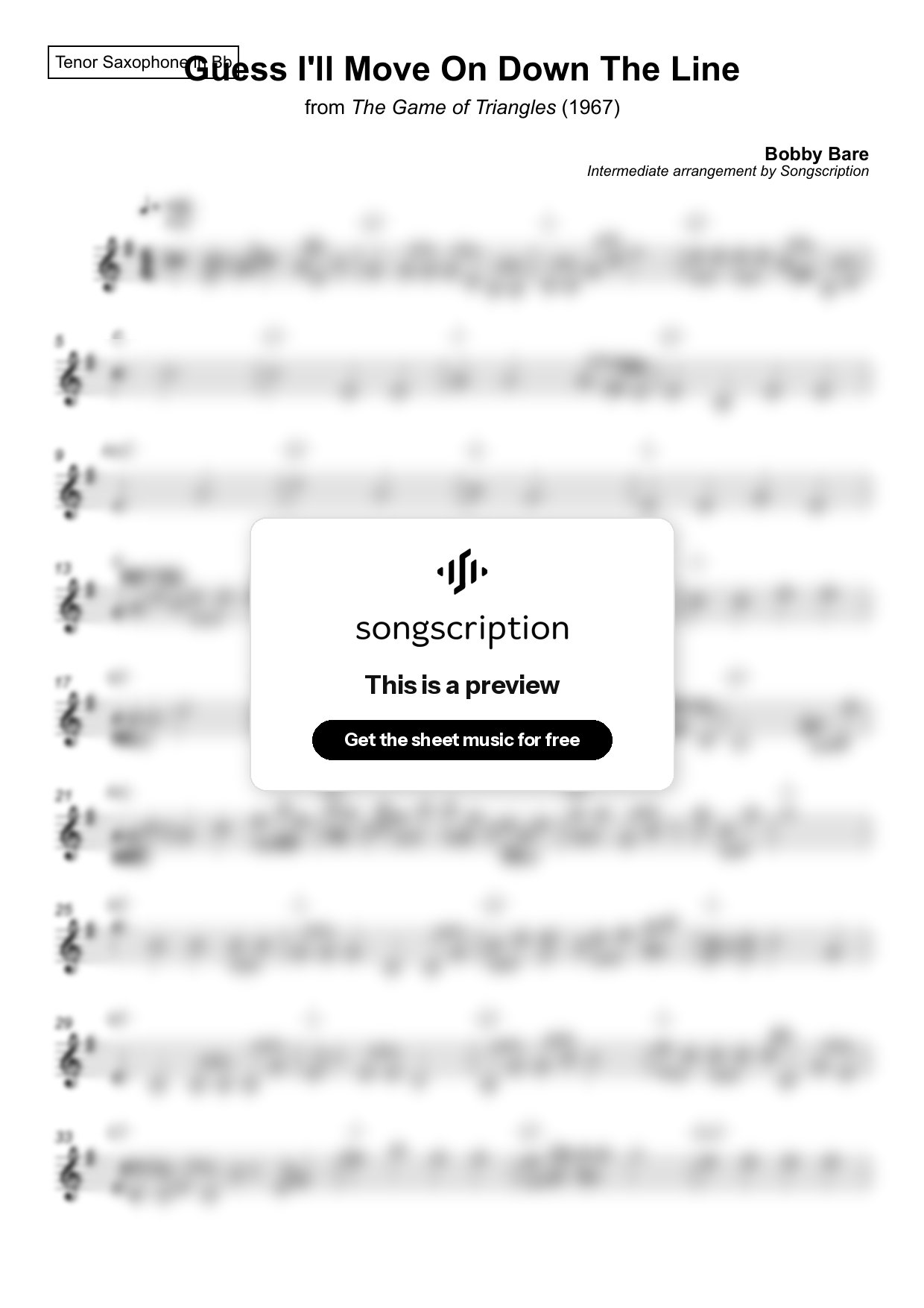 Intermediate Tenor Sax Sheet Music for "Guess I'll Move On Down The Line" by Bobby Bare
