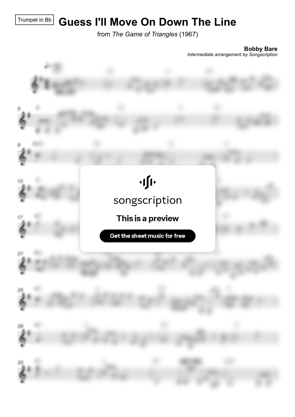 Intermediate Trumpet Sheet Music for "Guess I'll Move On Down The Line" by Bobby Bare