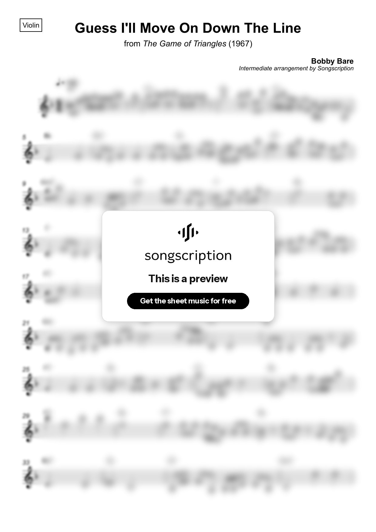 Intermediate Violin Sheet Music for "Guess I'll Move On Down The Line" by Bobby Bare