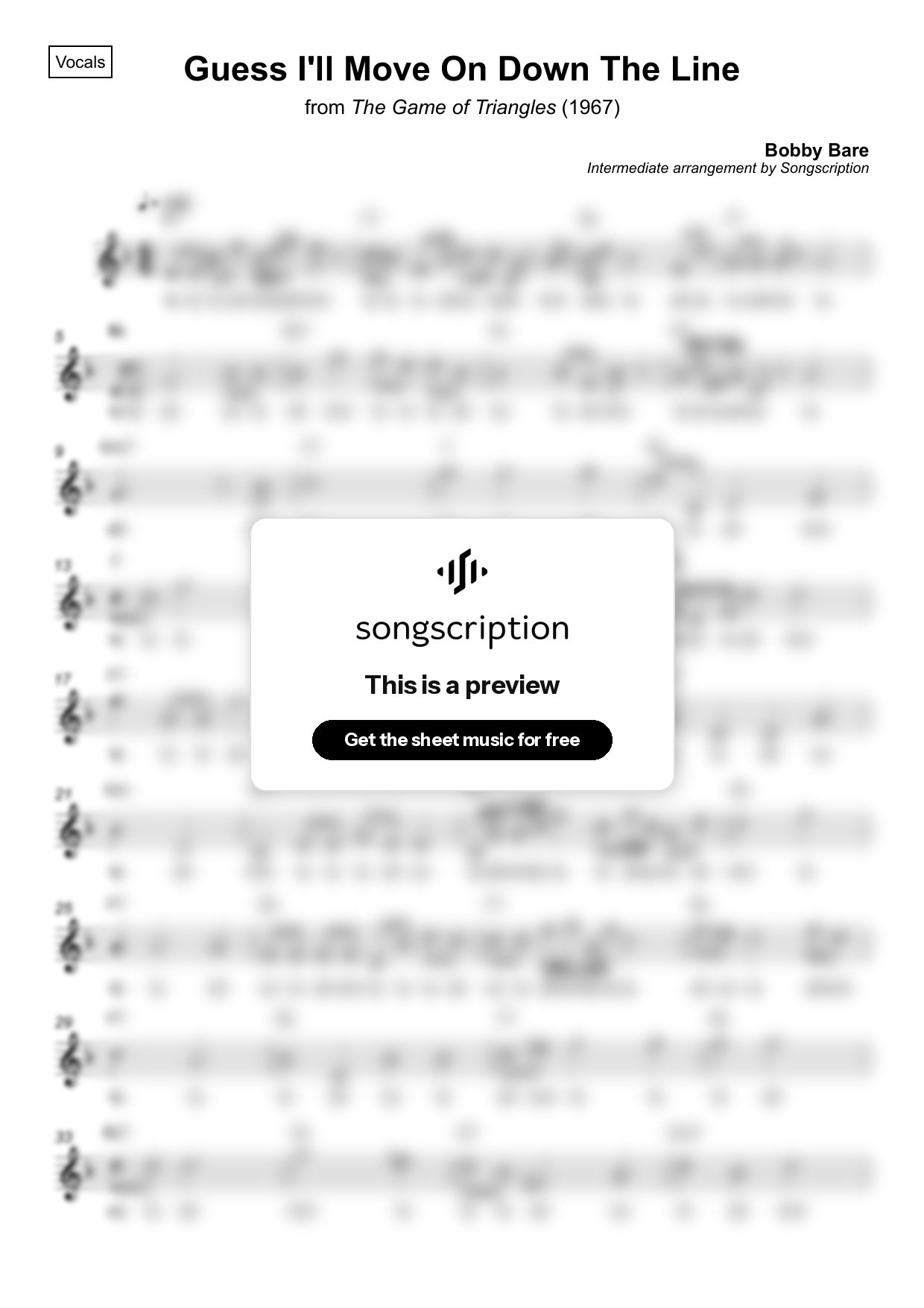 Intermediate Vocals Sheet Music for "Guess I'll Move On Down The Line" by Bobby Bare