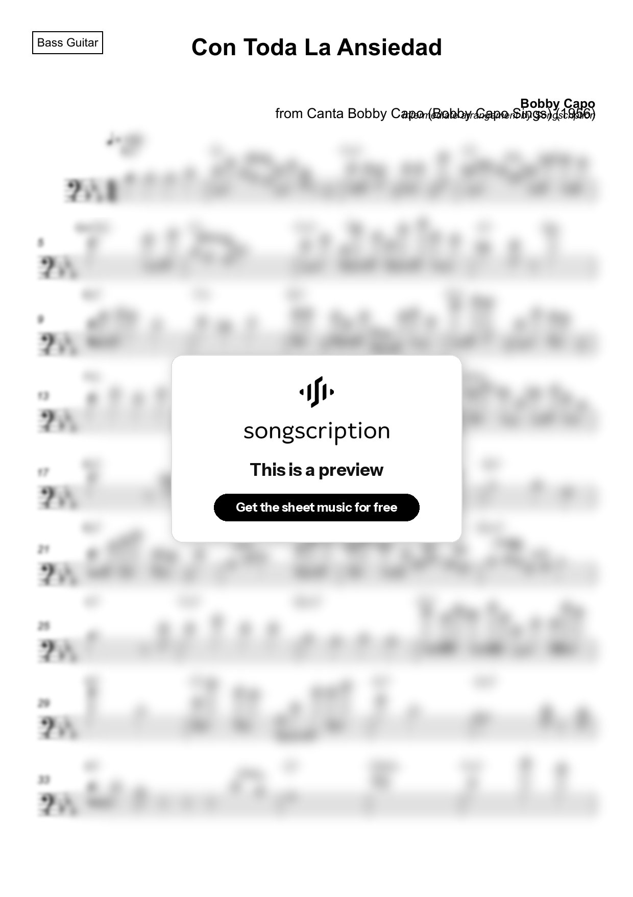 Intermediate Bass Guitar Sheet Music for "Con Toda La Ansiedad" by Bobby Capo