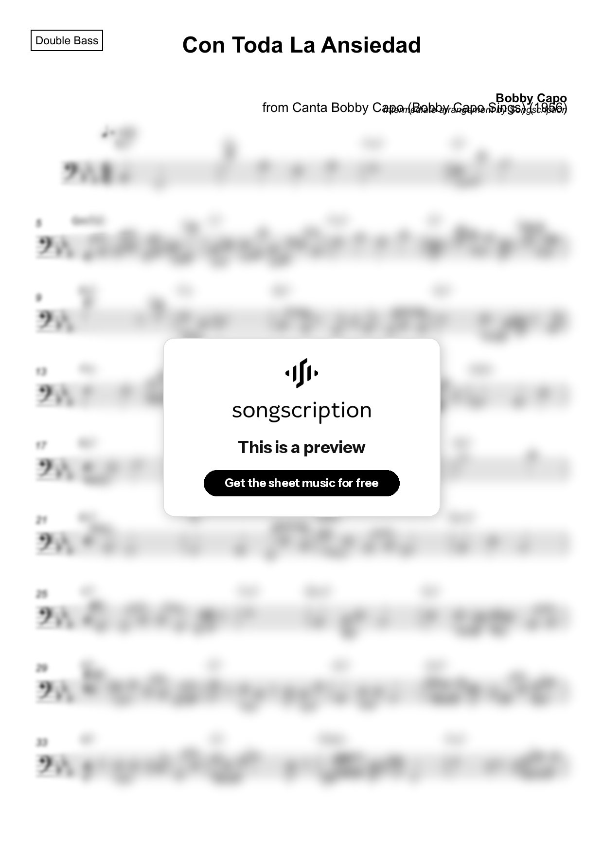 Intermediate Double Bass Sheet Music for "Con Toda La Ansiedad" by Bobby Capo