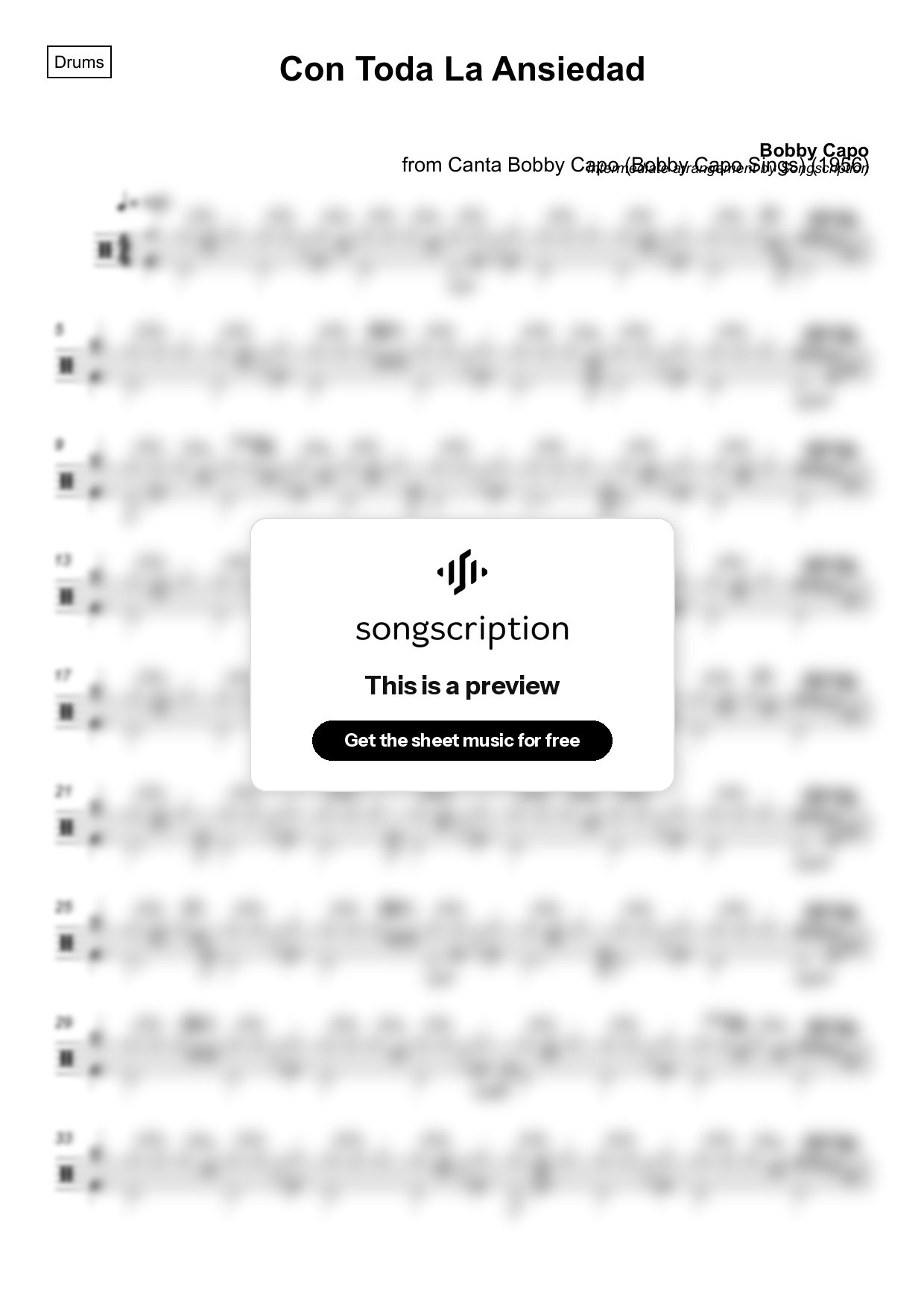 Intermediate Drums Sheet Music for "Con Toda La Ansiedad" by Bobby Capo