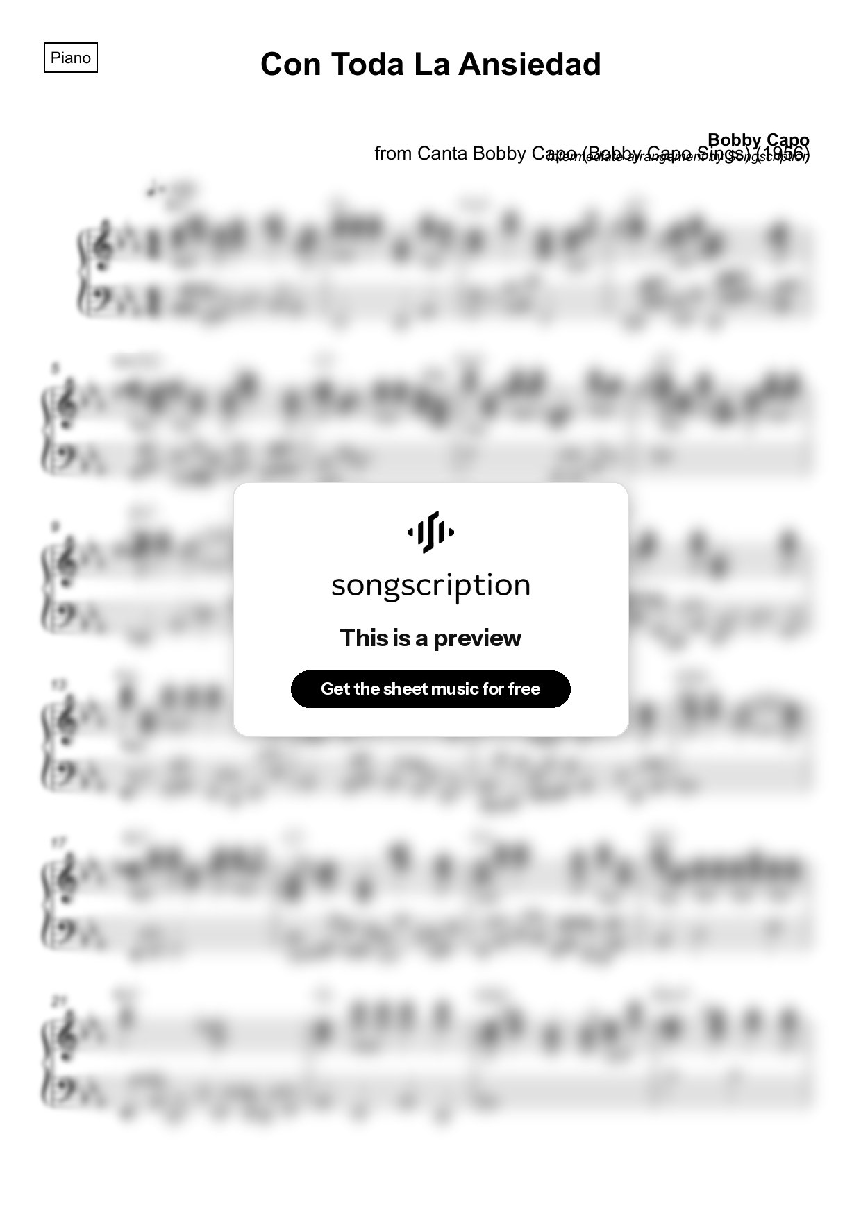 Intermediate Piano Sheet Music for "Con Toda La Ansiedad" by Bobby Capo