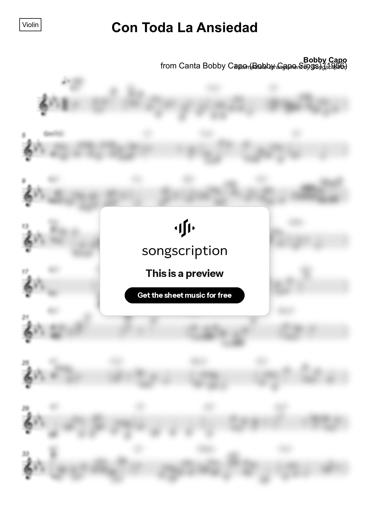 Intermediate Violin Sheet Music for "Con Toda La Ansiedad" by Bobby Capo
