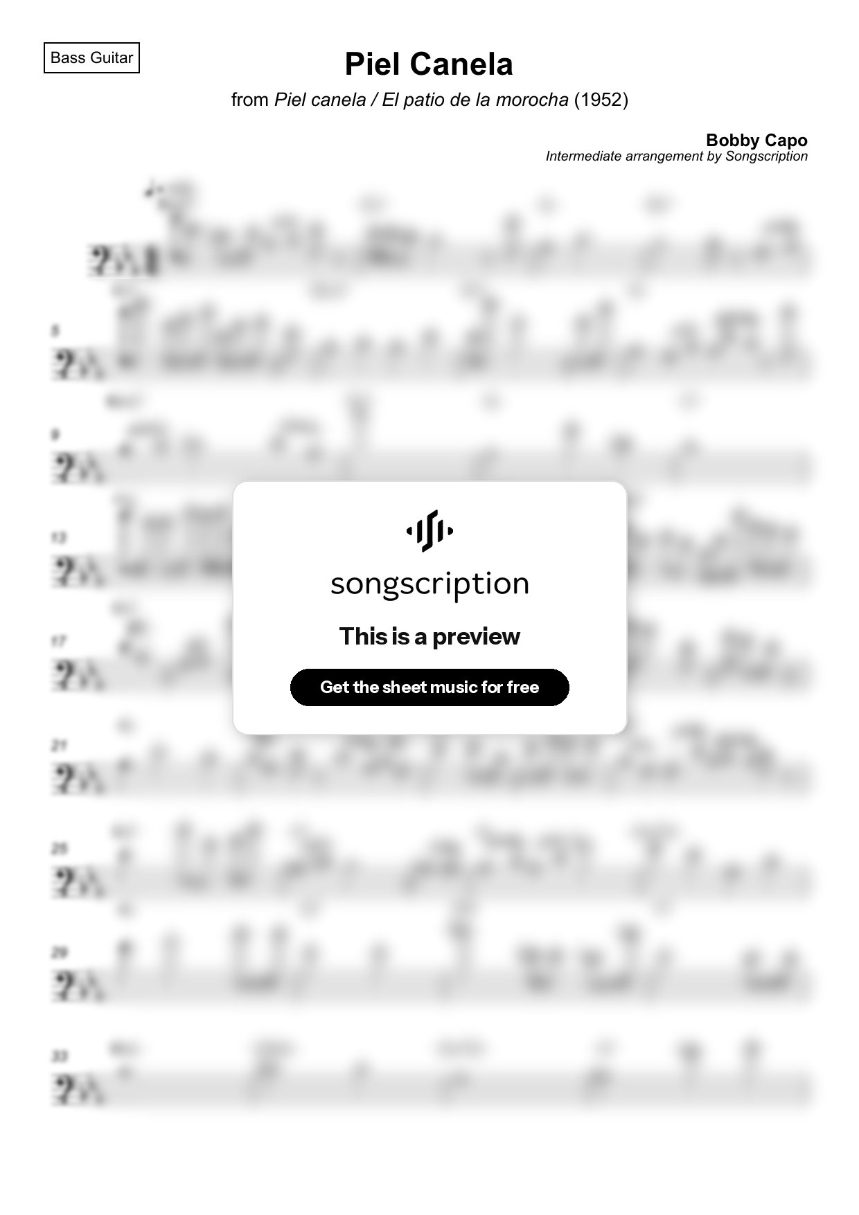 Intermediate Bass Guitar Sheet Music for "Piel Canela" by Bobby Capo