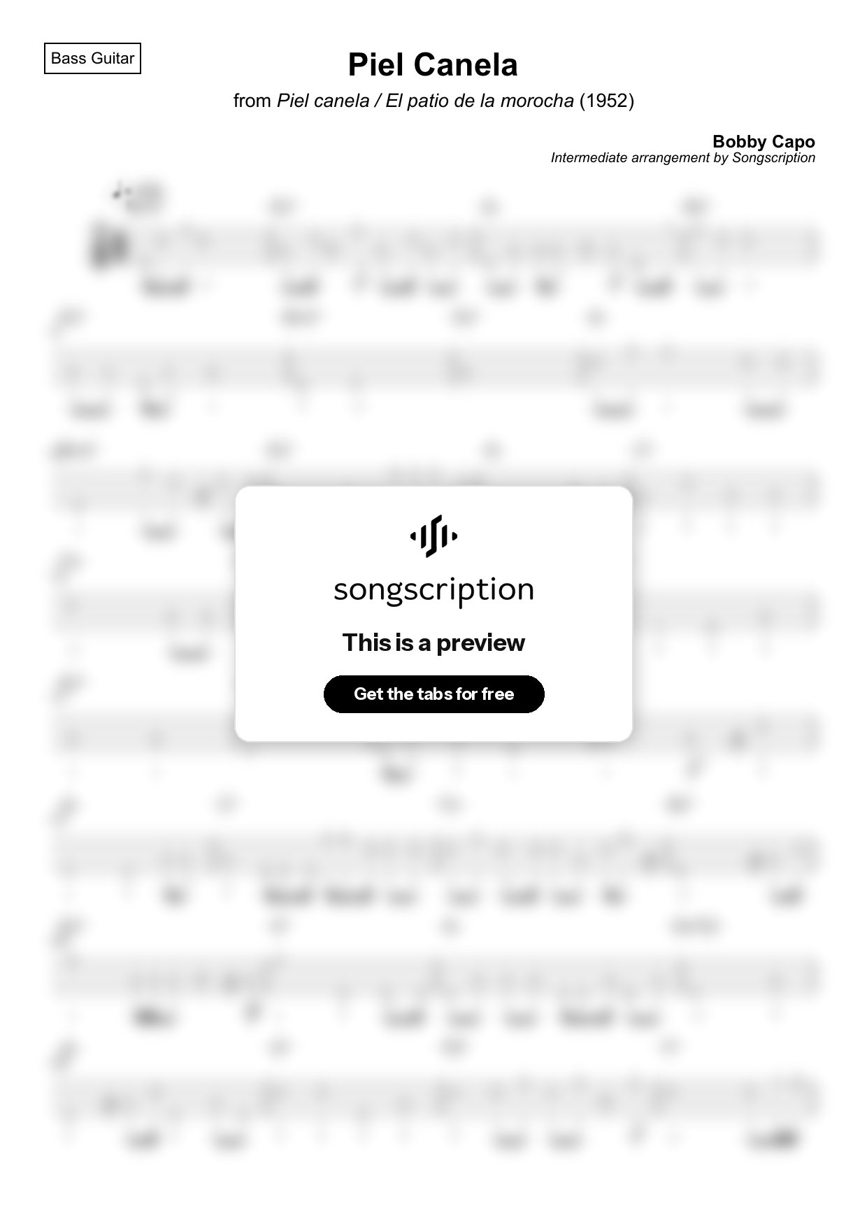 Intermediate Bass Guitar Tabs for "Piel Canela" by Bobby Capo