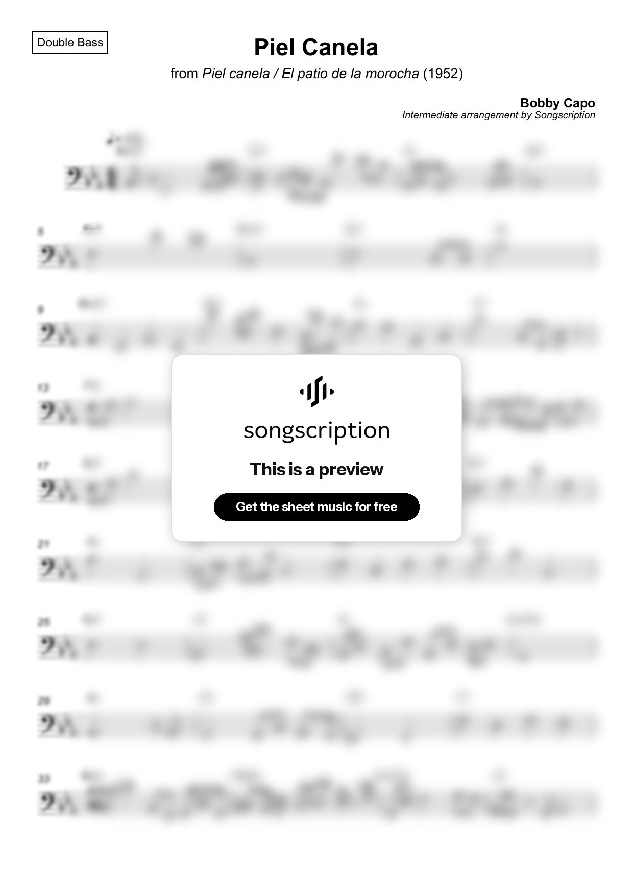 Intermediate Double Bass Sheet Music for "Piel Canela" by Bobby Capo