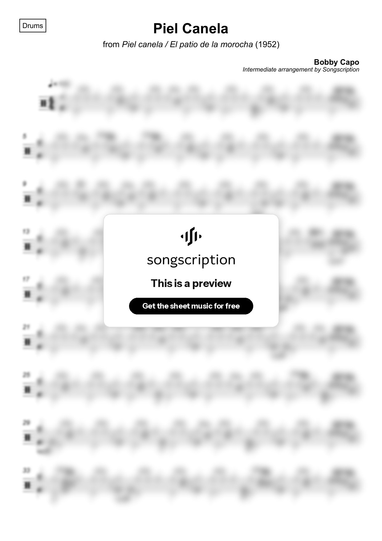 Intermediate Drums Sheet Music for "Piel Canela" by Bobby Capo