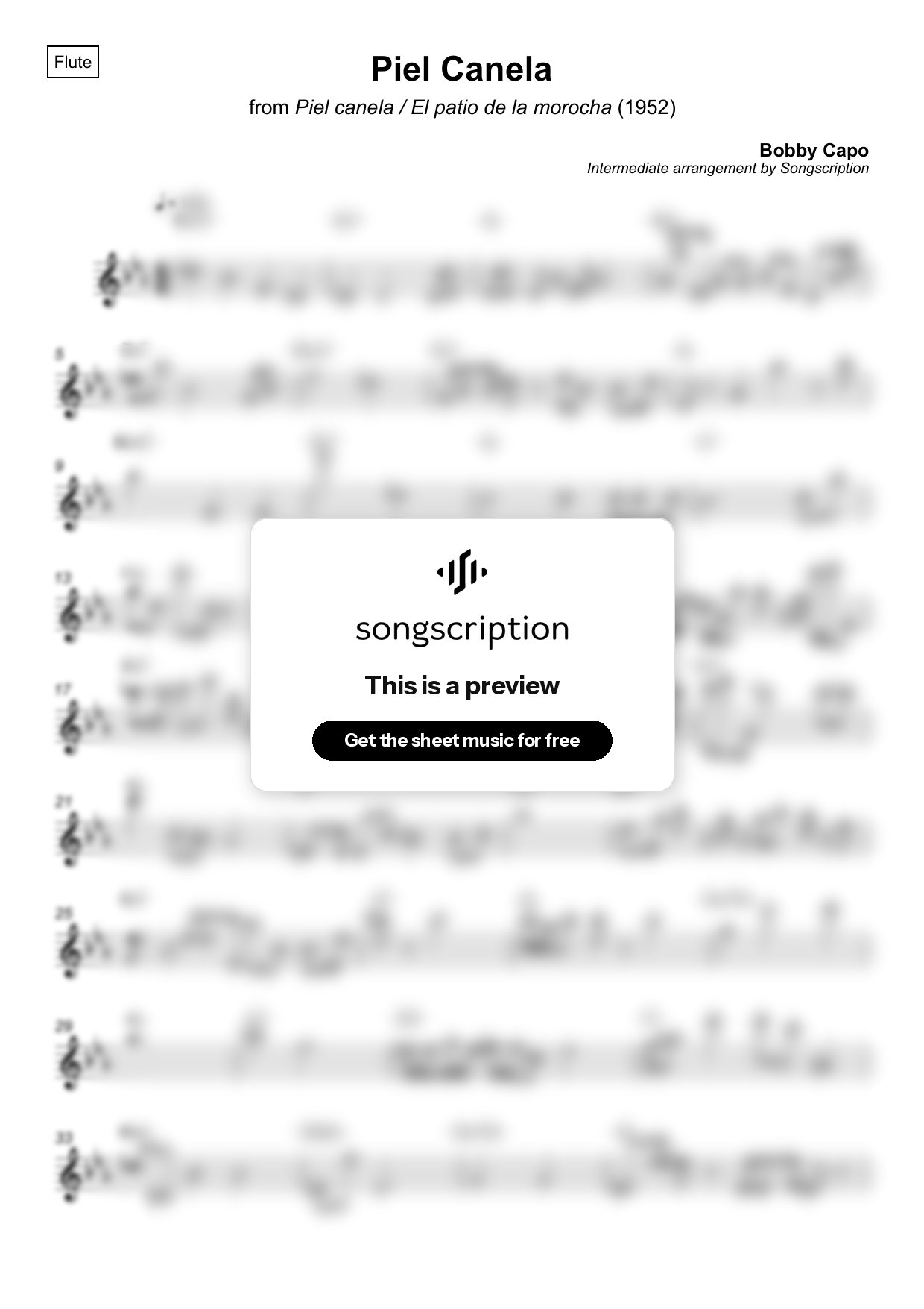 Intermediate Flute Sheet Music for "Piel Canela" by Bobby Capo