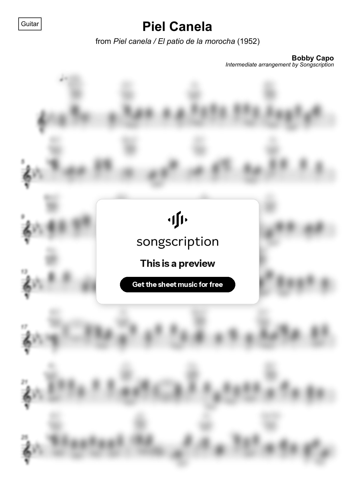 Intermediate Acoustic Guitar Sheet Music for "Piel Canela" by Bobby Capo