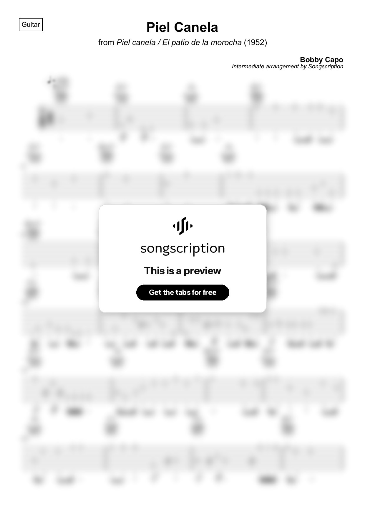 Intermediate Acoustic Guitar Tabs for "Piel Canela" by Bobby Capo