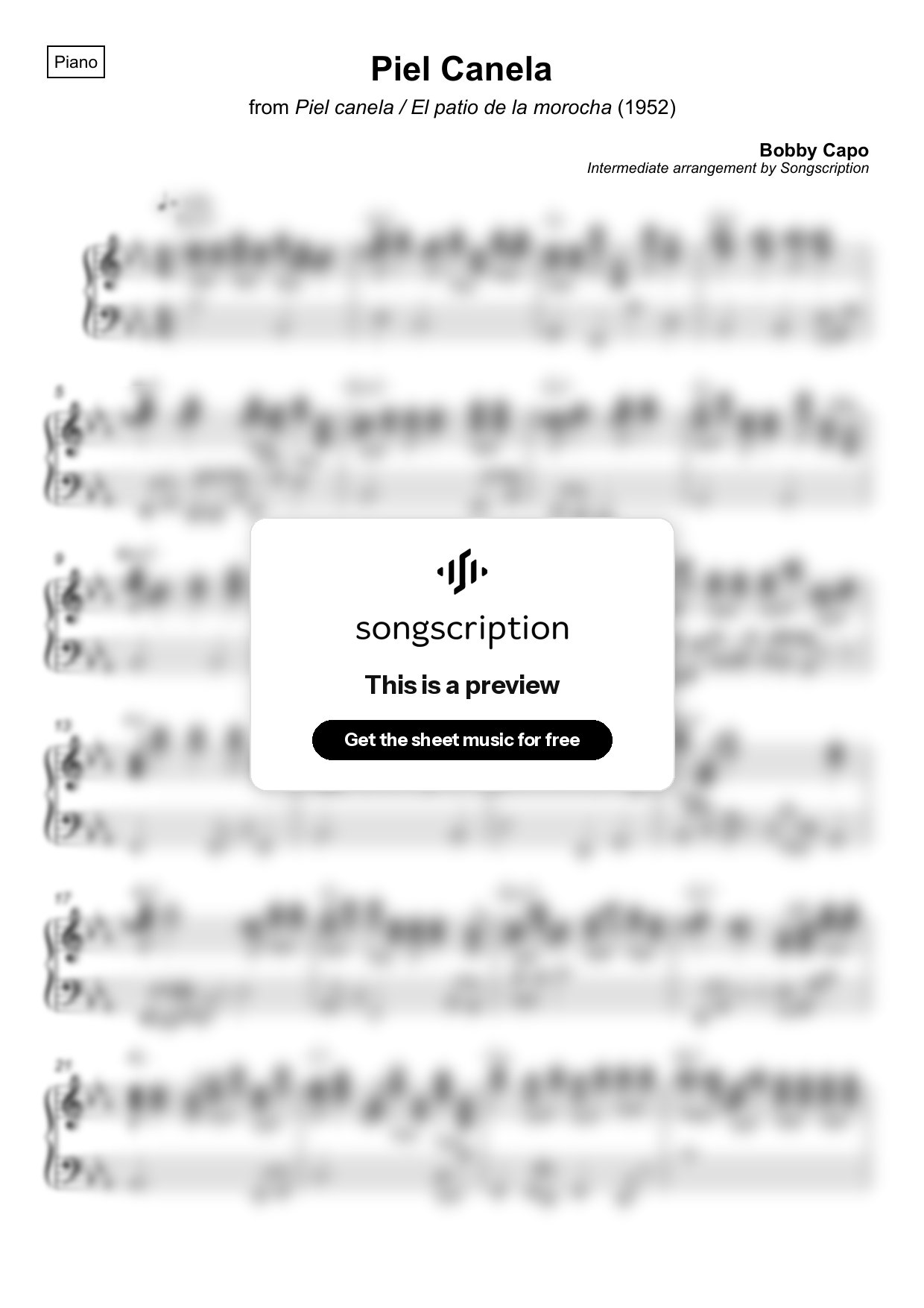 Intermediate Piano Sheet Music for "Piel Canela" by Bobby Capo