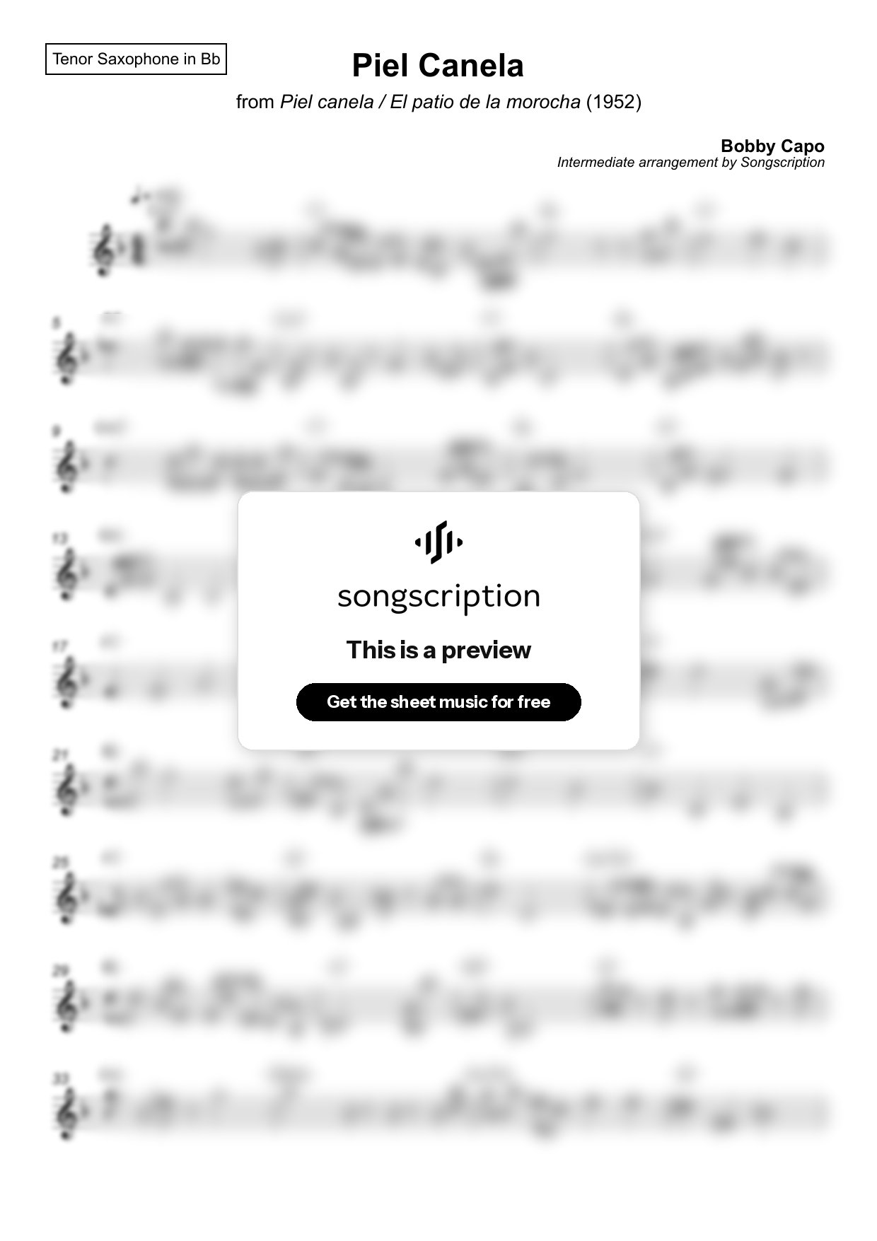 Intermediate Tenor Sax Sheet Music for "Piel Canela" by Bobby Capo