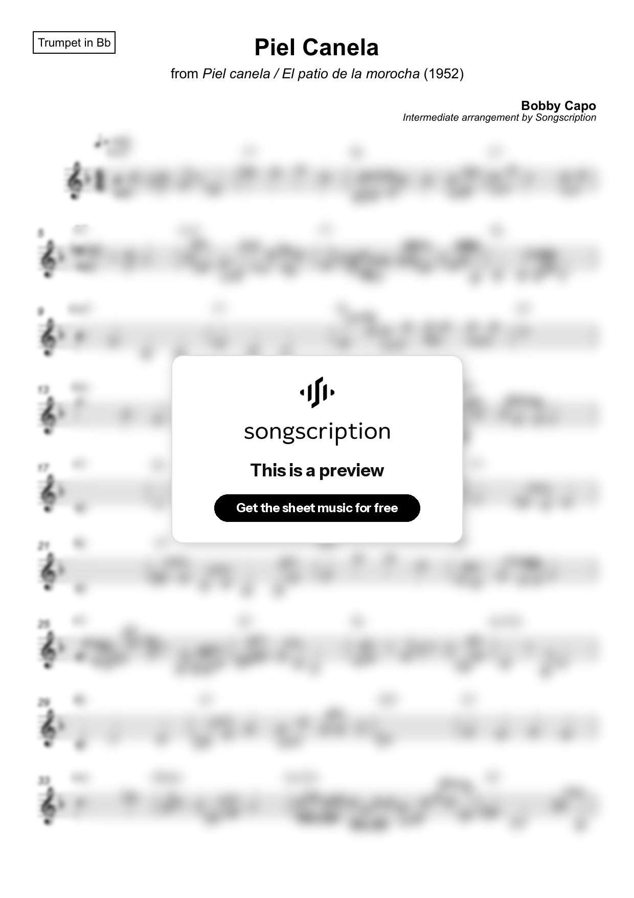 Intermediate Trumpet Sheet Music for "Piel Canela" by Bobby Capo