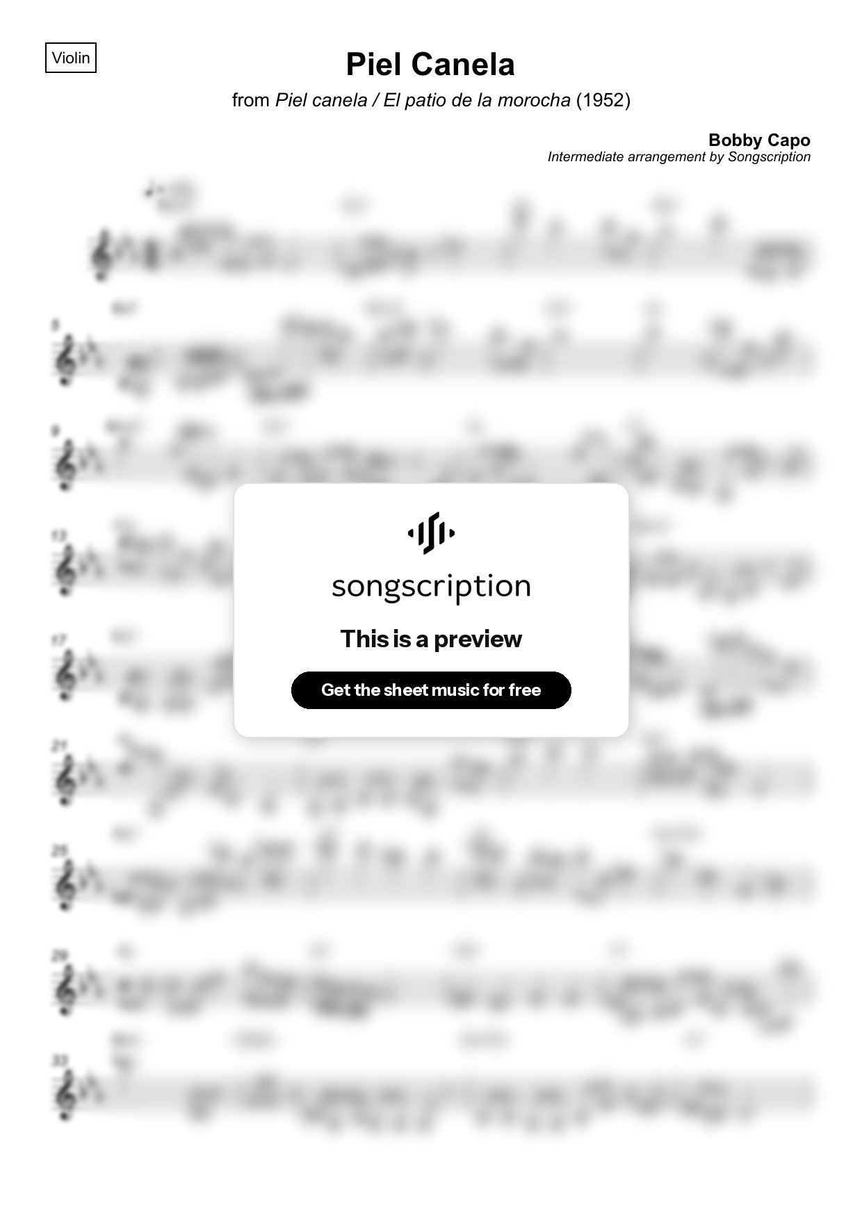 Intermediate Violin Sheet Music for "Piel Canela" by Bobby Capo