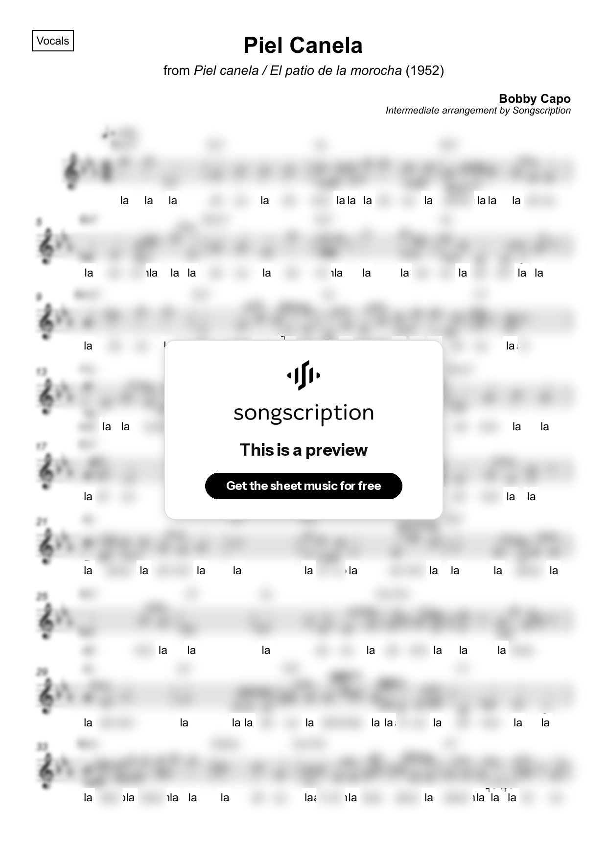 Intermediate Vocals Sheet Music for "Piel Canela" by Bobby Capo