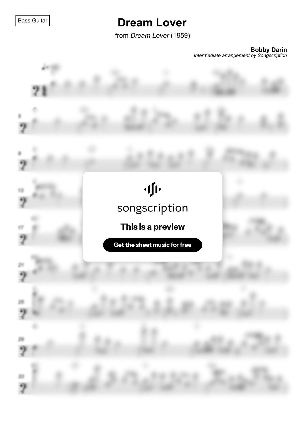 Intermediate Bass Guitar Sheet Music for "Dream Lover" by Bobby Darin