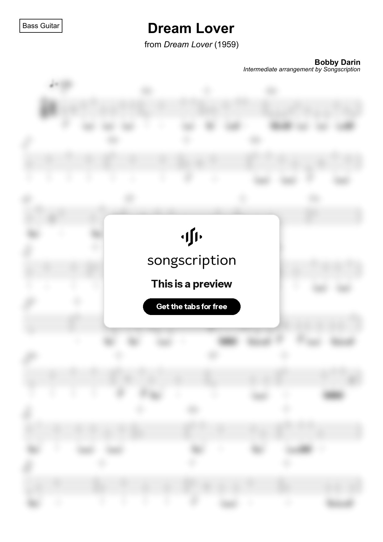 Intermediate Bass Guitar Tabs for "Dream Lover" by Bobby Darin