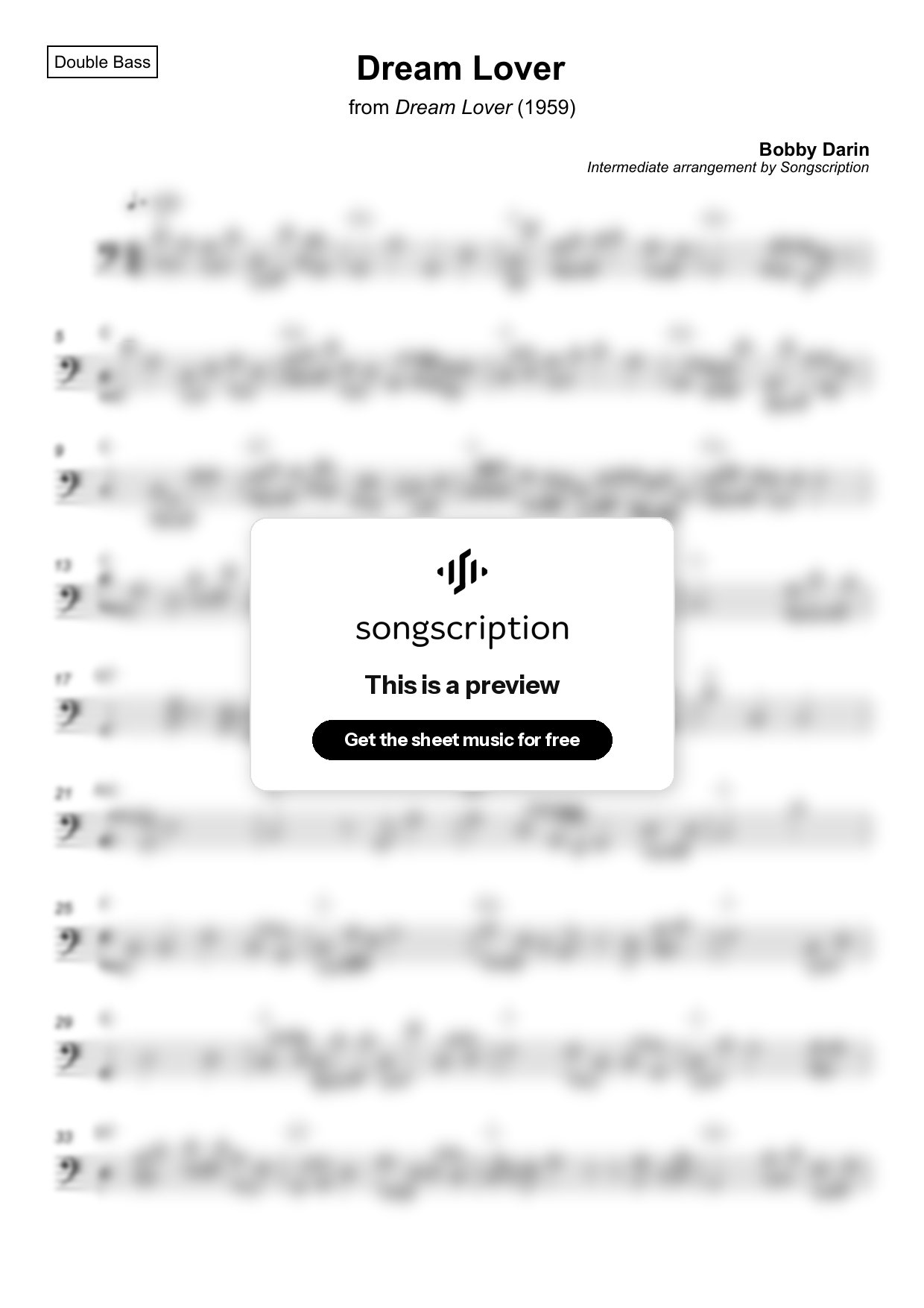 Intermediate Double Bass Sheet Music for "Dream Lover" by Bobby Darin
